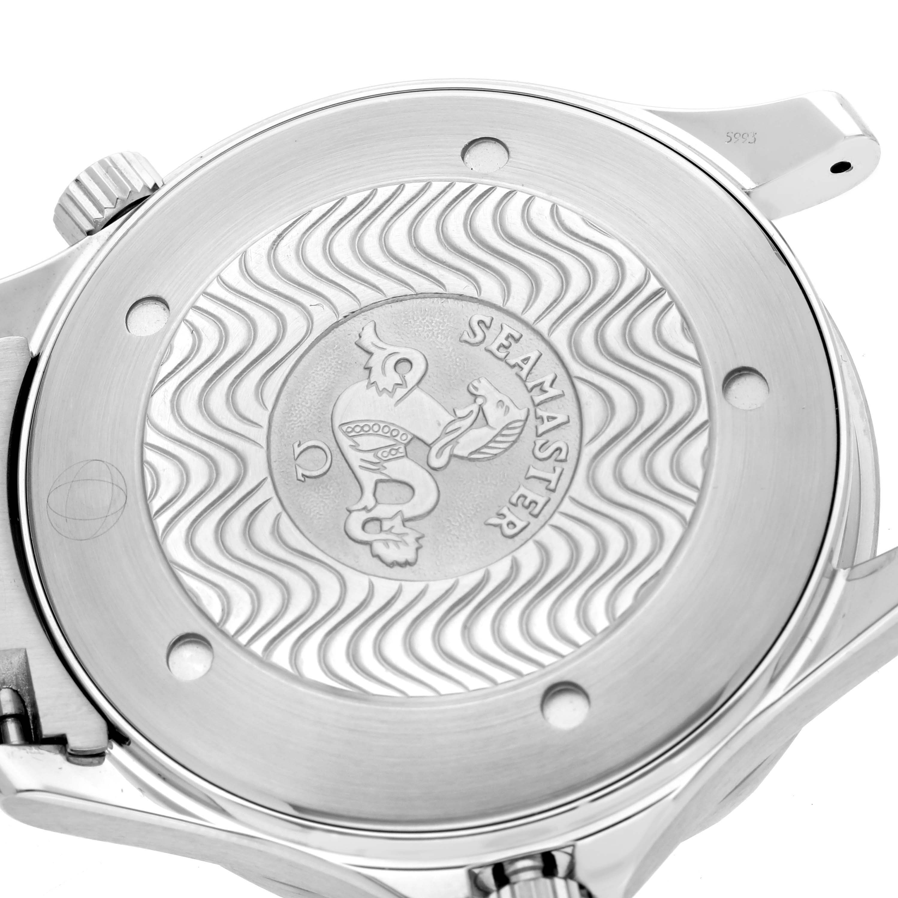 The image shows the back case of an Omega Seamaster 2264.50.00 Men
s Stainless Steel Black Dial 2264.50.00 Men
s Stainless Steel Black Dial watch, featuring a wave pattern and branding.