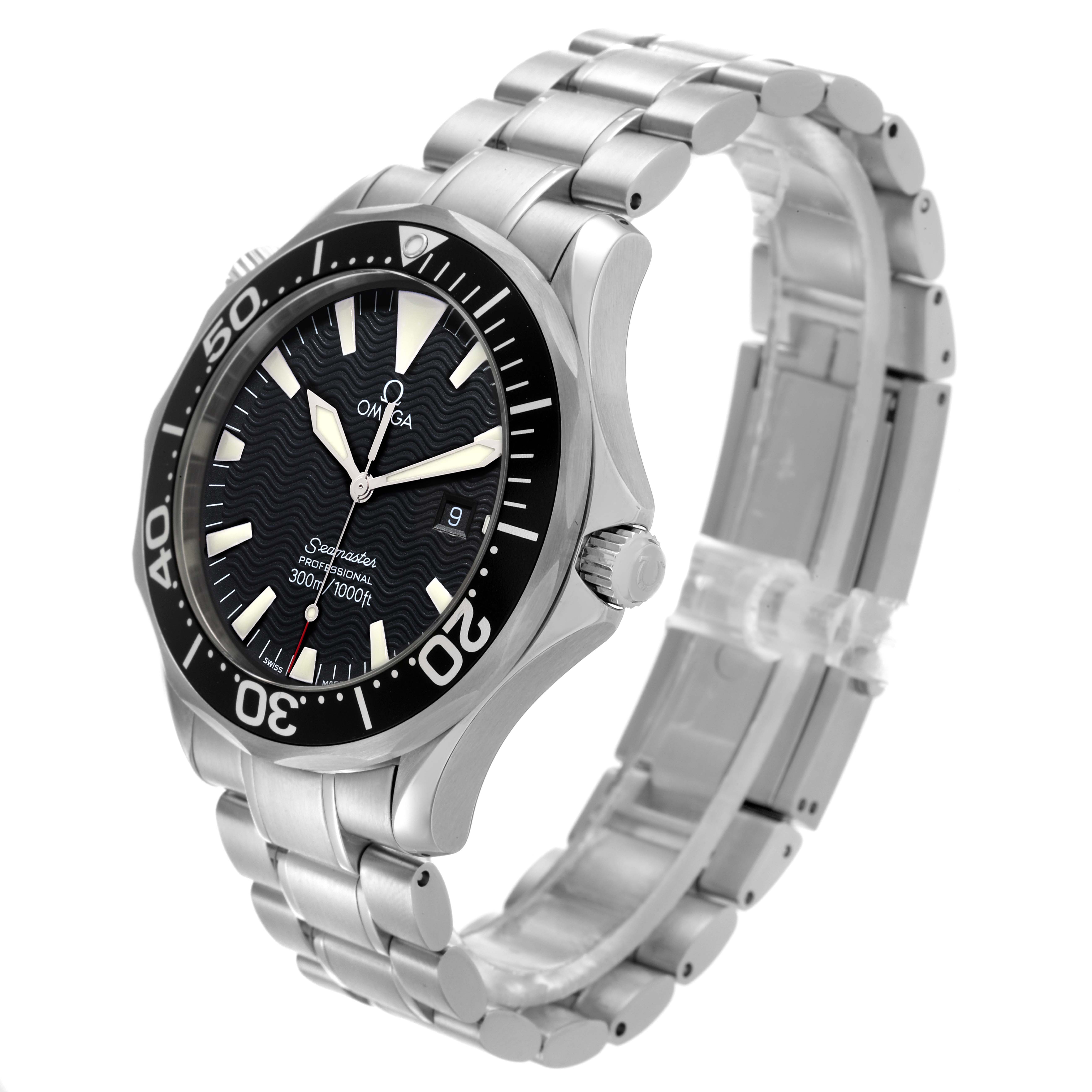 The Omega Seamaster 2264.50.00 Men
s Stainless Steel Black Dial 2264.50.00 Men
s Stainless Steel Black Dial is shown at a three-quarter angle, highlighting the face, bezel, and metal bracelet.