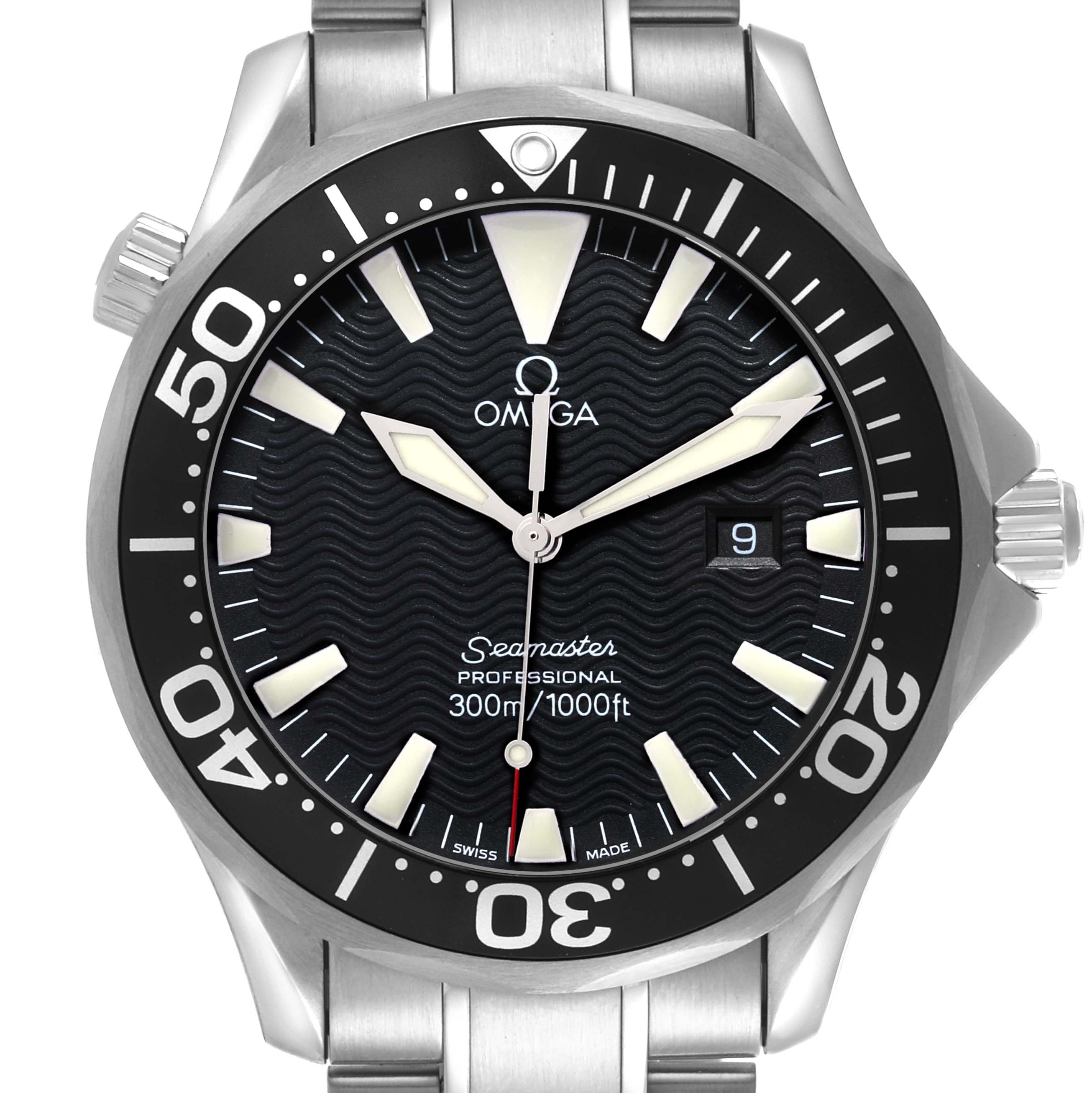 The watch is shown from a front angle displaying the dial, bezel, and part of the bracelet of the Omega Seamaster 2264.50.00 Men
s Stainless Steel Black Dial 2264.50.00 Men
s Stainless Steel Black Dial.