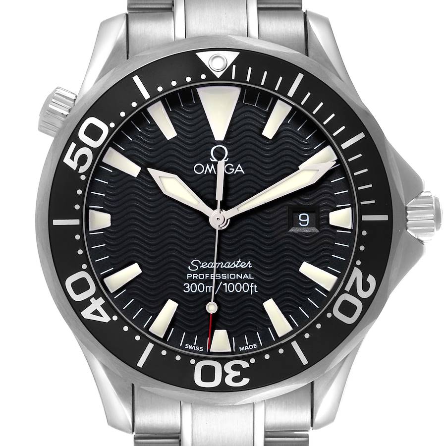 The watch is shown from a front angle displaying the dial, bezel, and part of the bracelet of the Omega Seamaster.