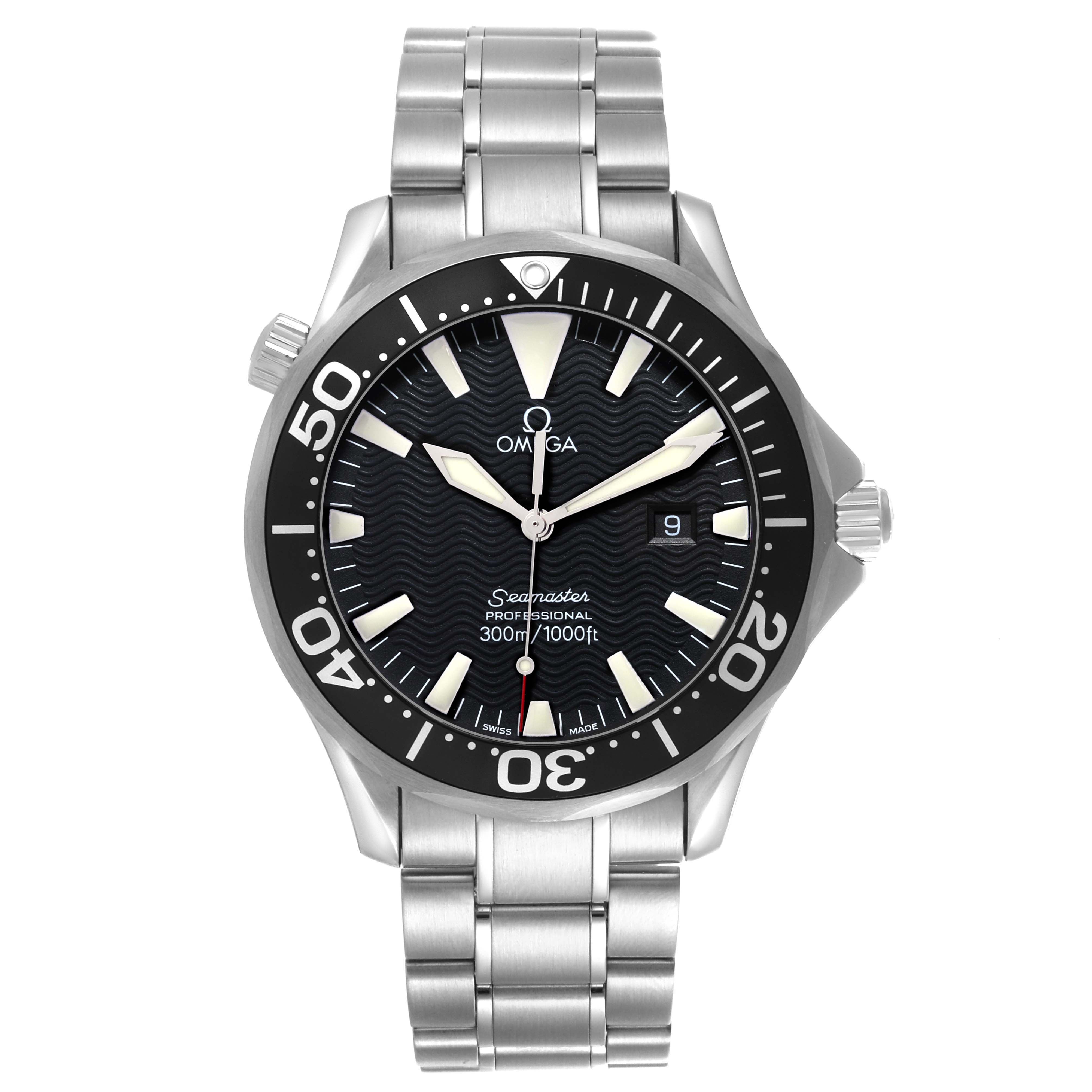 The Omega Seamaster 2264.50.00 Men
s Stainless Steel Black Dial 2264.50.00 Men
s Stainless Steel Black Dial watch is shown from a front angle, displaying the dial, bezel, and bracelet.