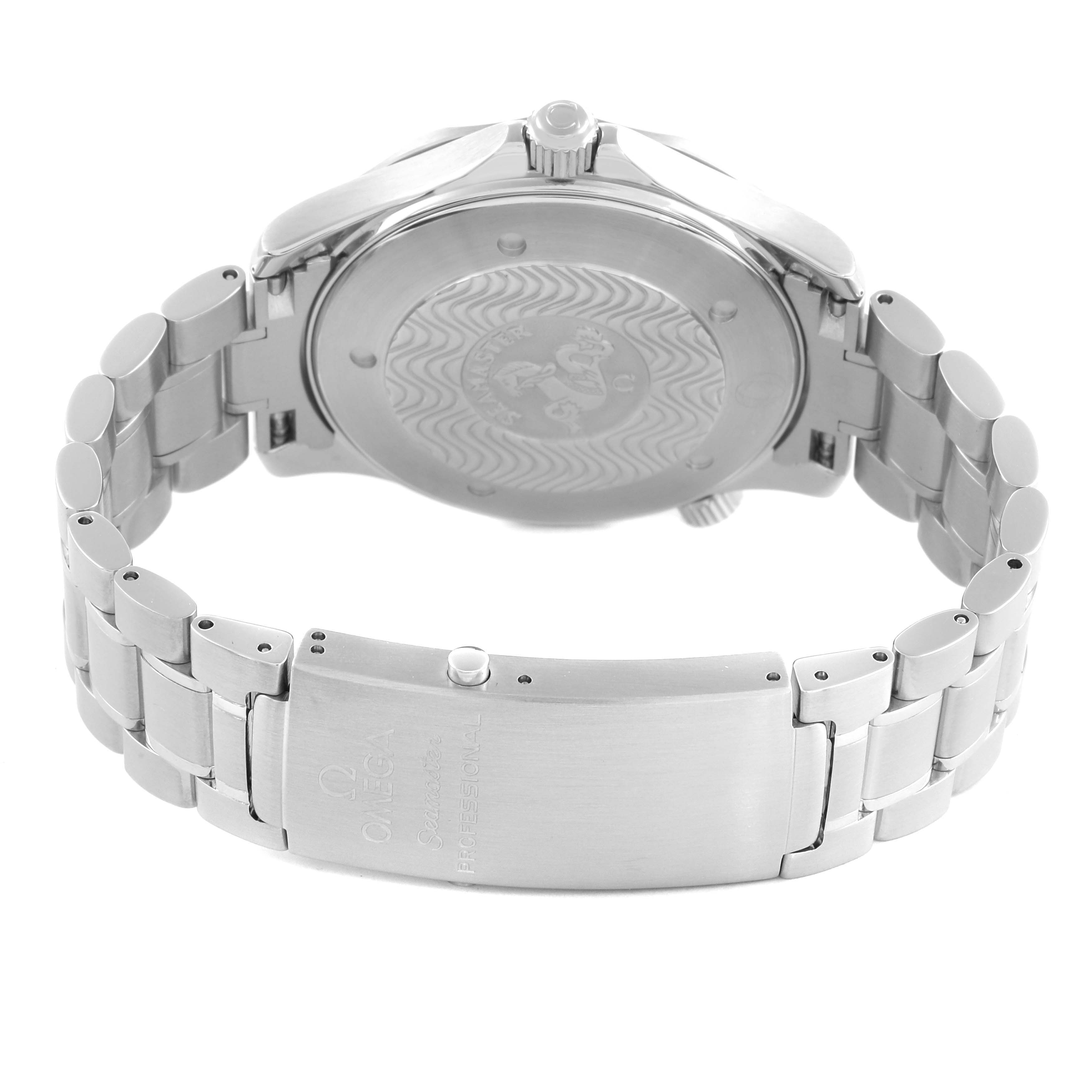 The image shows the back of the Omega Seamaster 2264.50.00 Men
s Stainless Steel Black Dial 2264.50.00 Men
s Stainless Steel Black Dial watch, focusing on the case back and bracelet clasp.