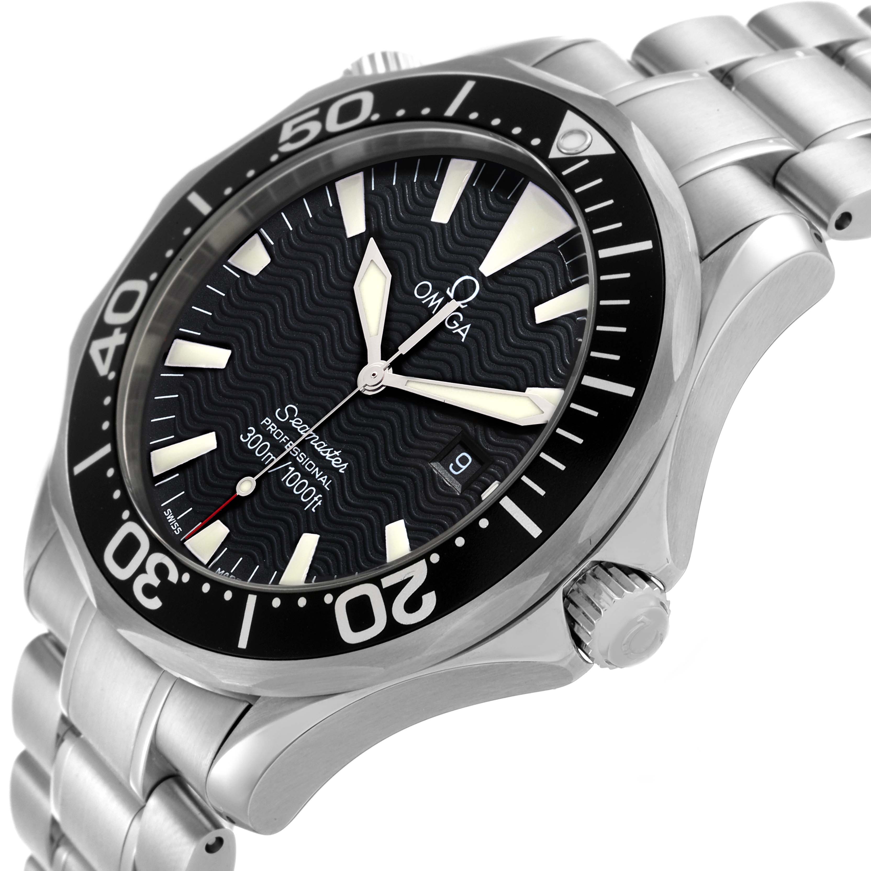 The Omega Seamaster 2264.50.00 Men
s Stainless Steel Black Dial 2264.50.00 Men
s Stainless Steel Black Dial watch is shown at an angle highlighting the face, bezel, crown, and stainless steel bracelet.