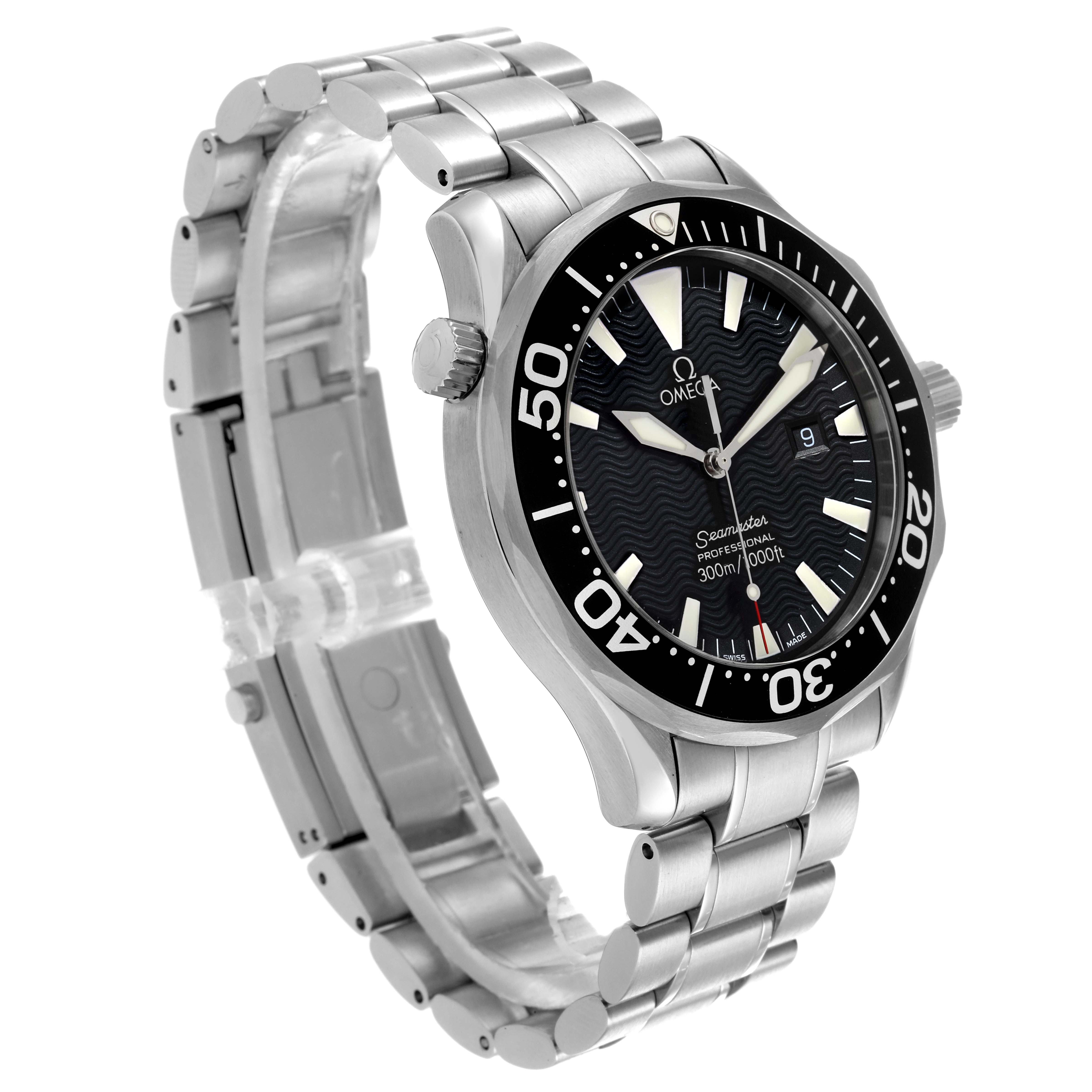 The Omega Seamaster 2264.50.00 Men
s Stainless Steel Black Dial 2264.50.00 Men
s Stainless Steel Black Dial watch is shown at a three-quarter angle, highlighting the bezel, dial, bracelet, and crown.