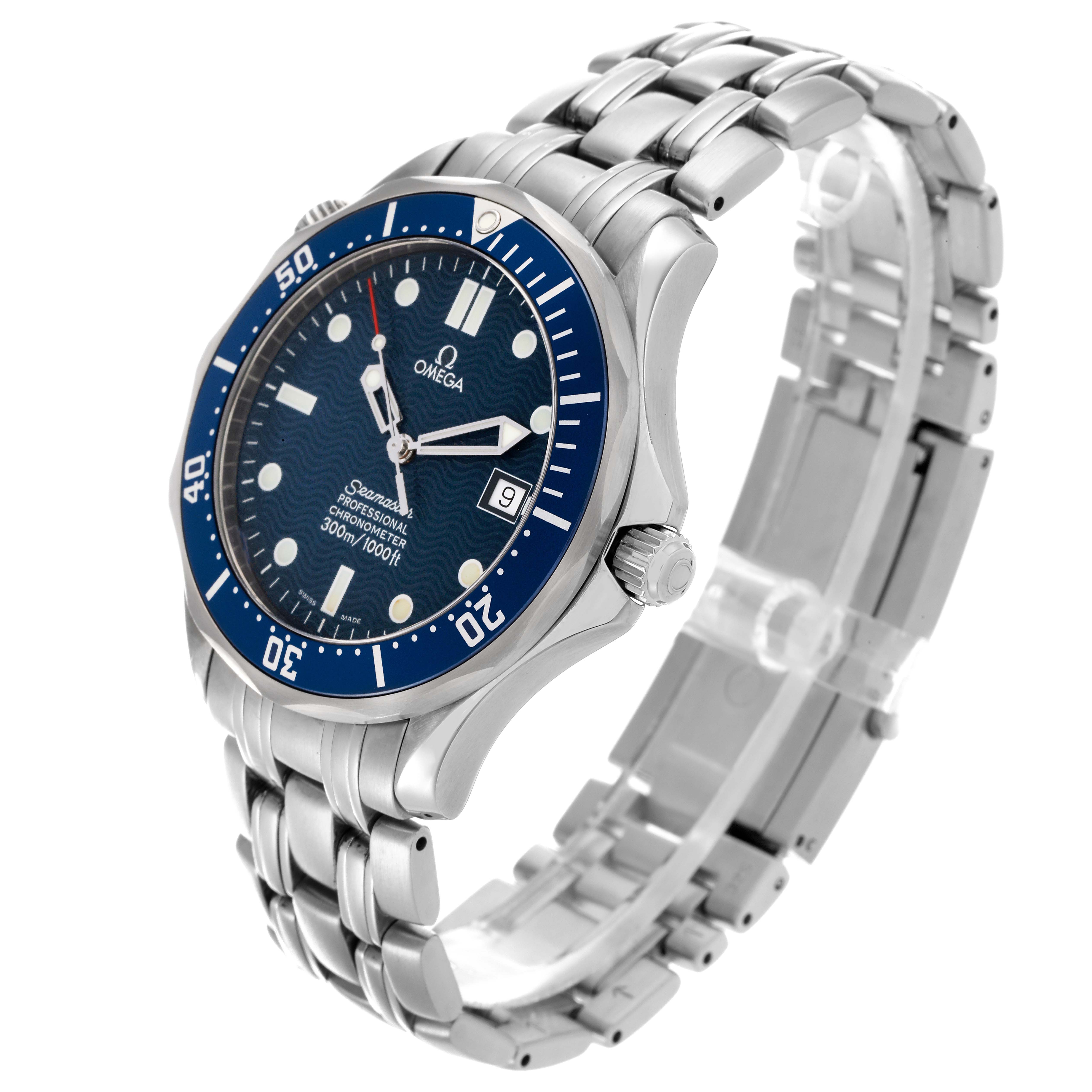 The Omega Seamaster 2531.80.00 Men's Stainless Steel Blue Dial 2531.80.00 Men's Stainless Steel Blue Dial watch is shown at an angled side view, displaying the bracelet, bezel, and dial.