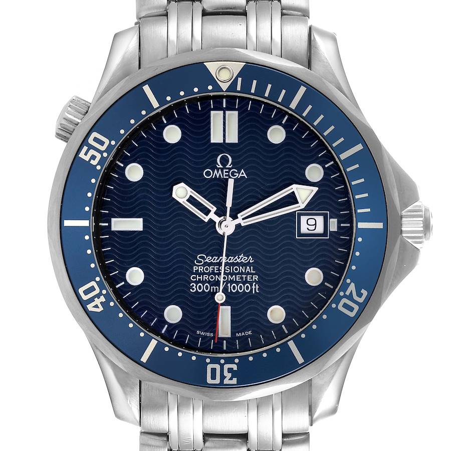 The Omega Seamaster watch is shown from the front, detailing the blue dial, bezel, and stainless steel bracelet.