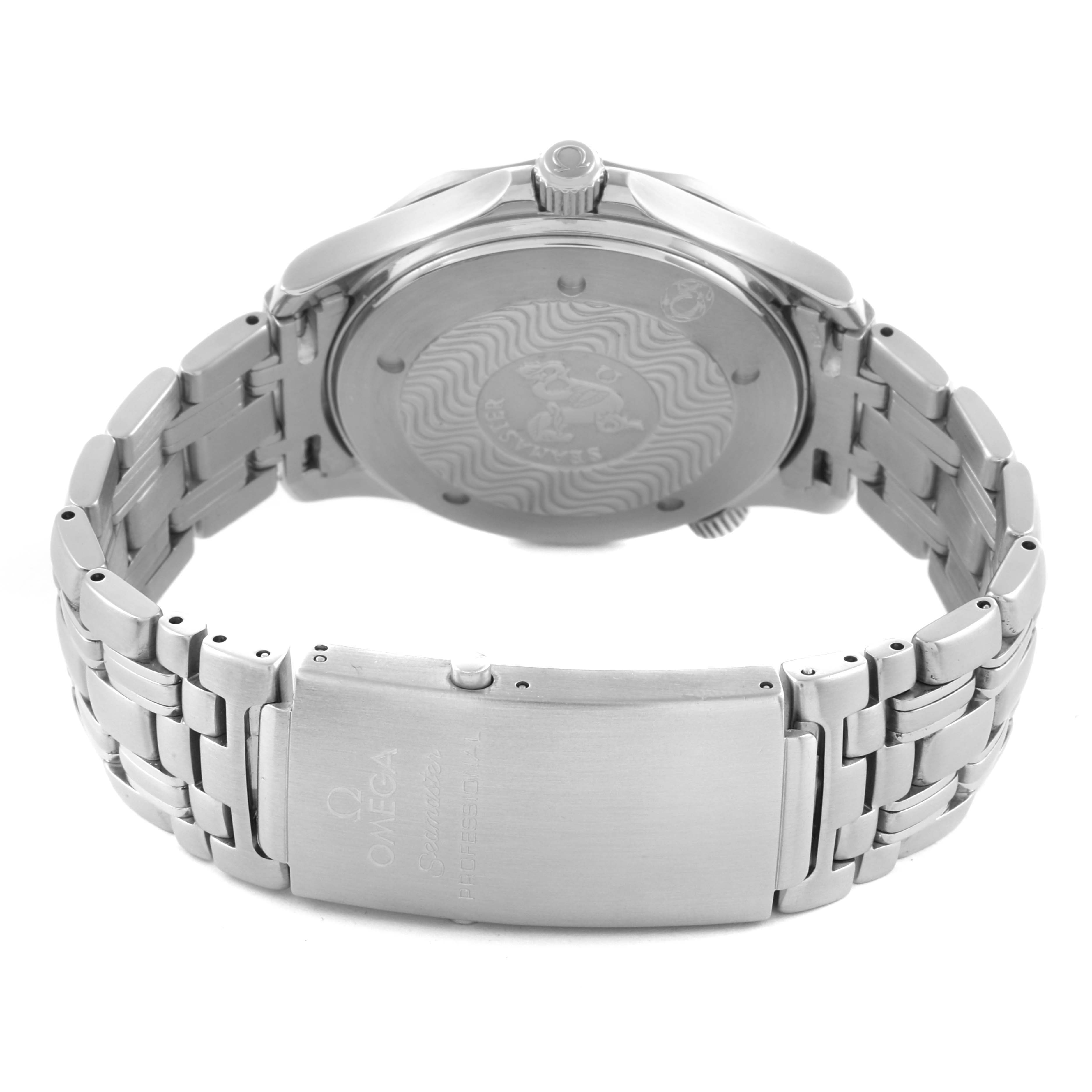 The image shows the back and clasp of the Omega Seamaster 2531.80.00 Men's Stainless Steel Blue Dial 2531.80.00 Men's Stainless Steel Blue Dial, focusing on its bracelet and case back.