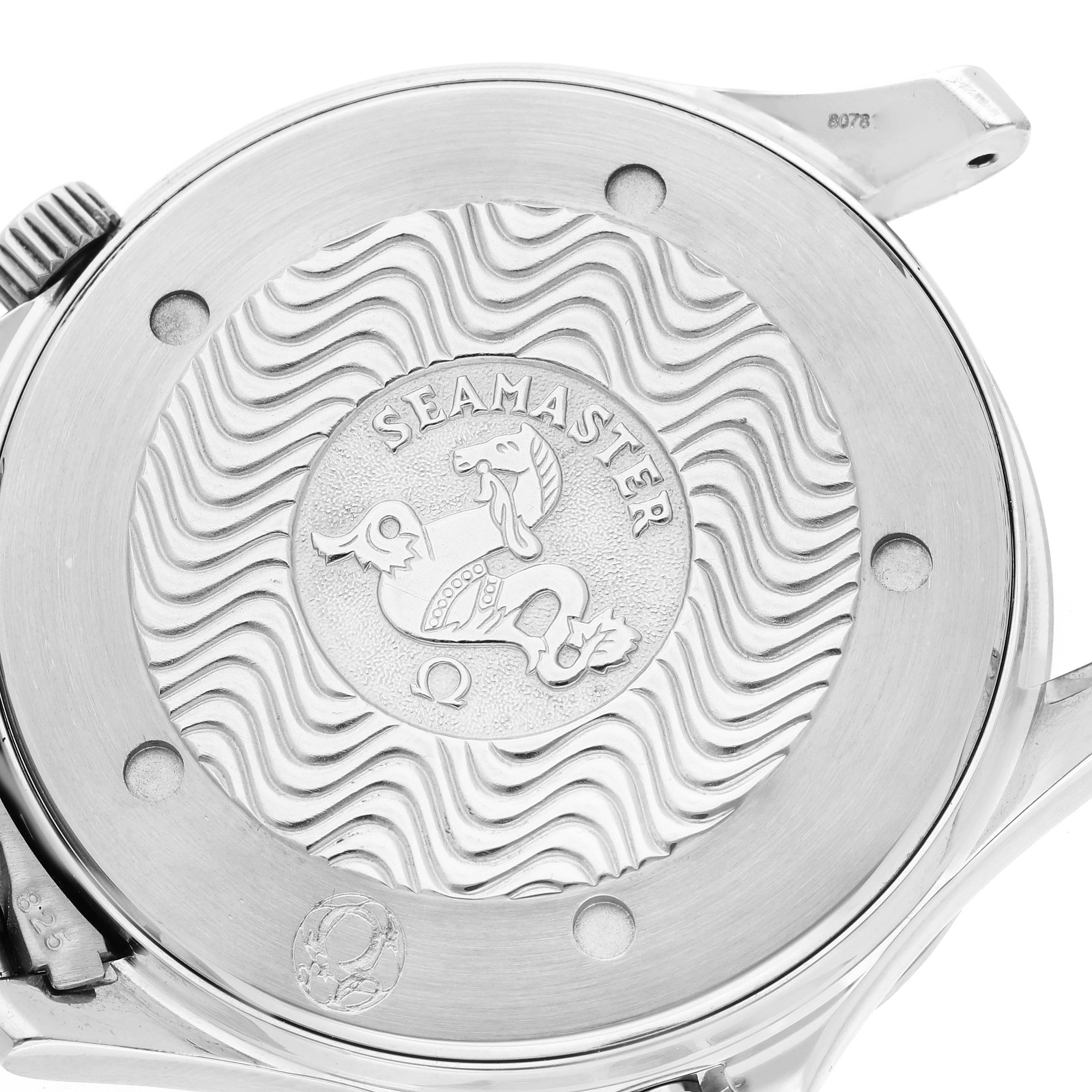 The Omega Seamaster 2531.80.00 Men's Stainless Steel Blue Dial 2531.80.00 Men's Stainless Steel Blue Dial watch is shown from the back, featuring the engraved case back with the Seamaster logo.