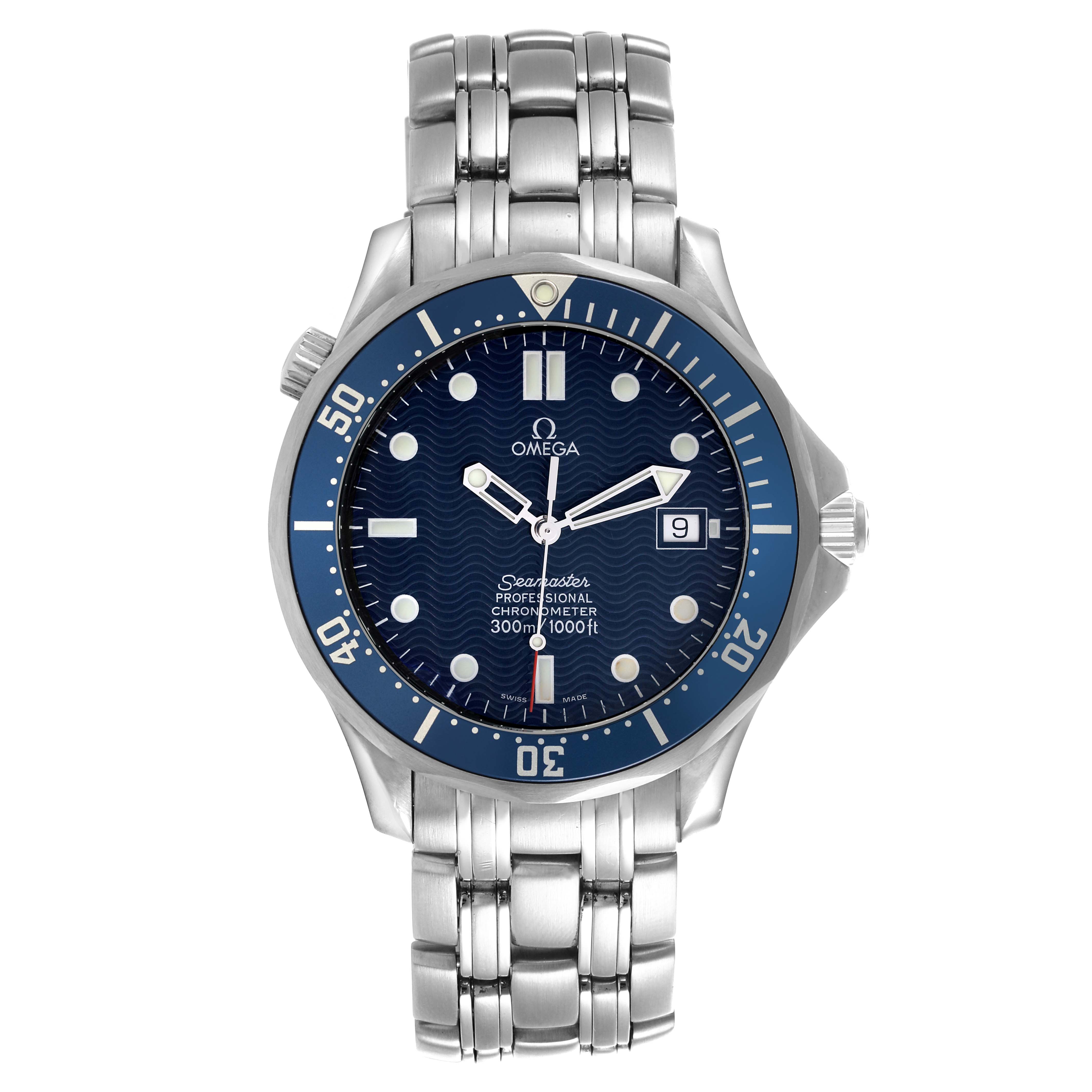 This Omega Seamaster 2531.80.00 Men's Stainless Steel Blue Dial 2531.80.00 Men's Stainless Steel Blue Dial watch is shown from the front, displaying the dial, bezel, bracelet, and crown.