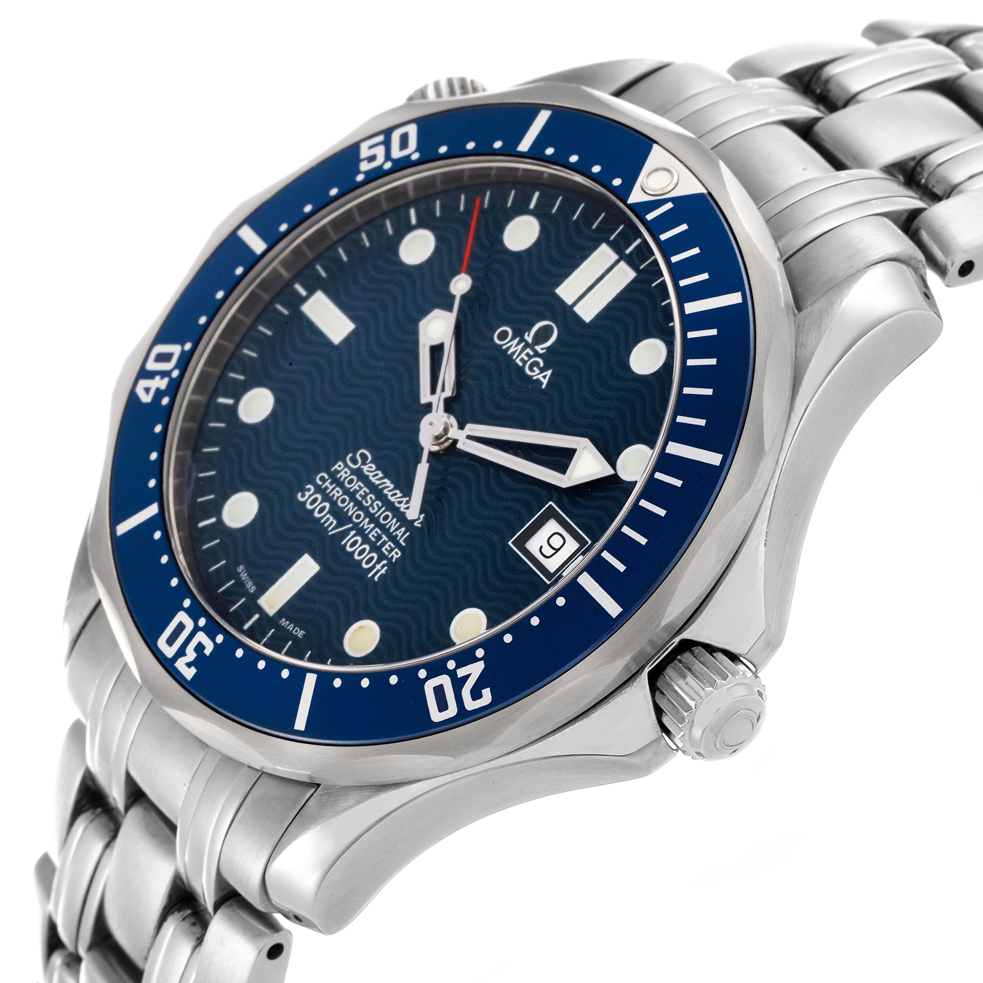 The Omega Seamaster 2531.80.00 Men's Stainless Steel Blue Dial 2531.80.00 Men's Stainless Steel Blue Dial watch is shown at an angle highlighting the bezel, dial, crown, and metal bracelet.