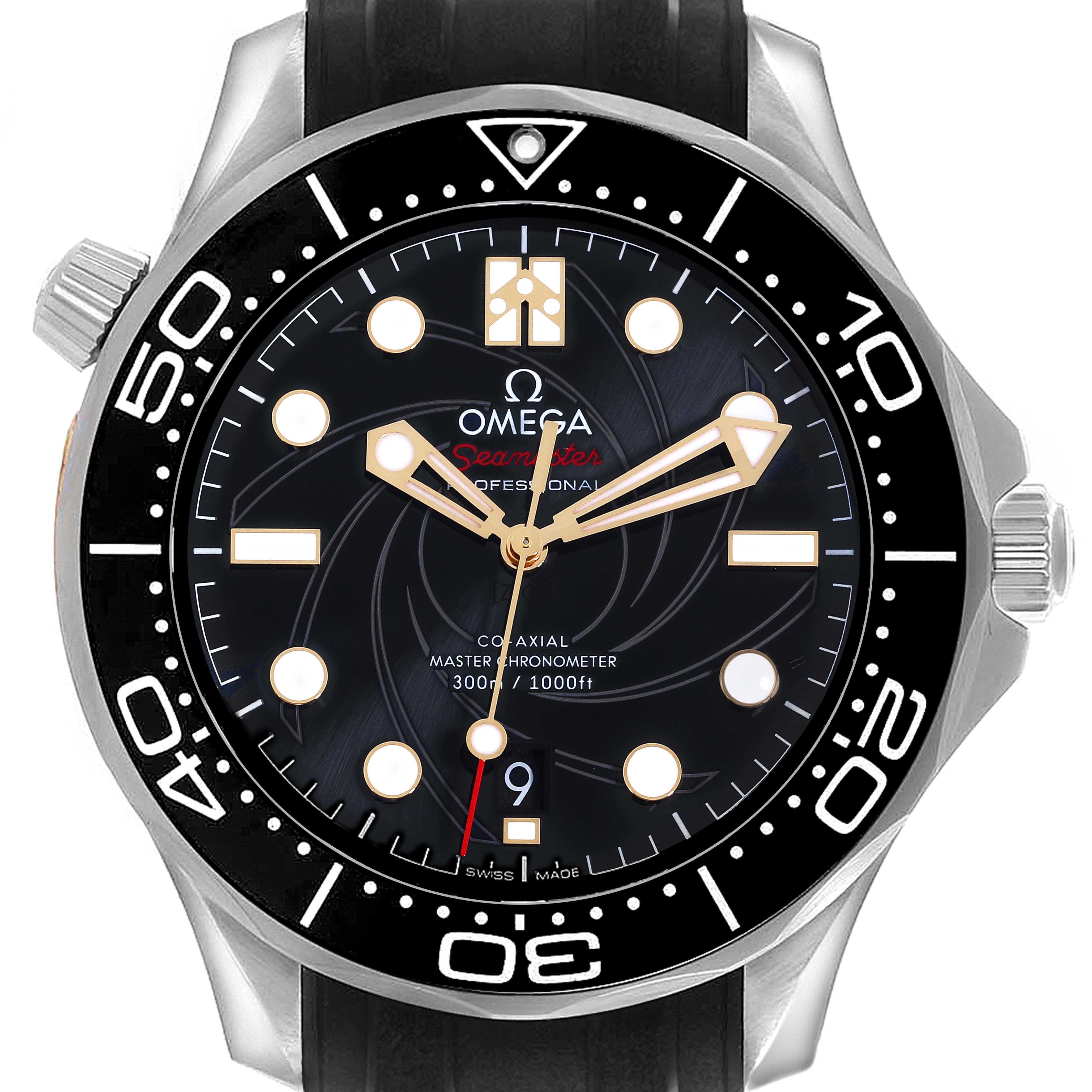 The Omega Seamaster 210.22.42.20.01.004 Men's Stainless Steel Black Dial 210.22.42.20.01.004 Men's Stainless Steel Black Dial watch is shown from a front angle, highlighting the dial, bezel, and crown.