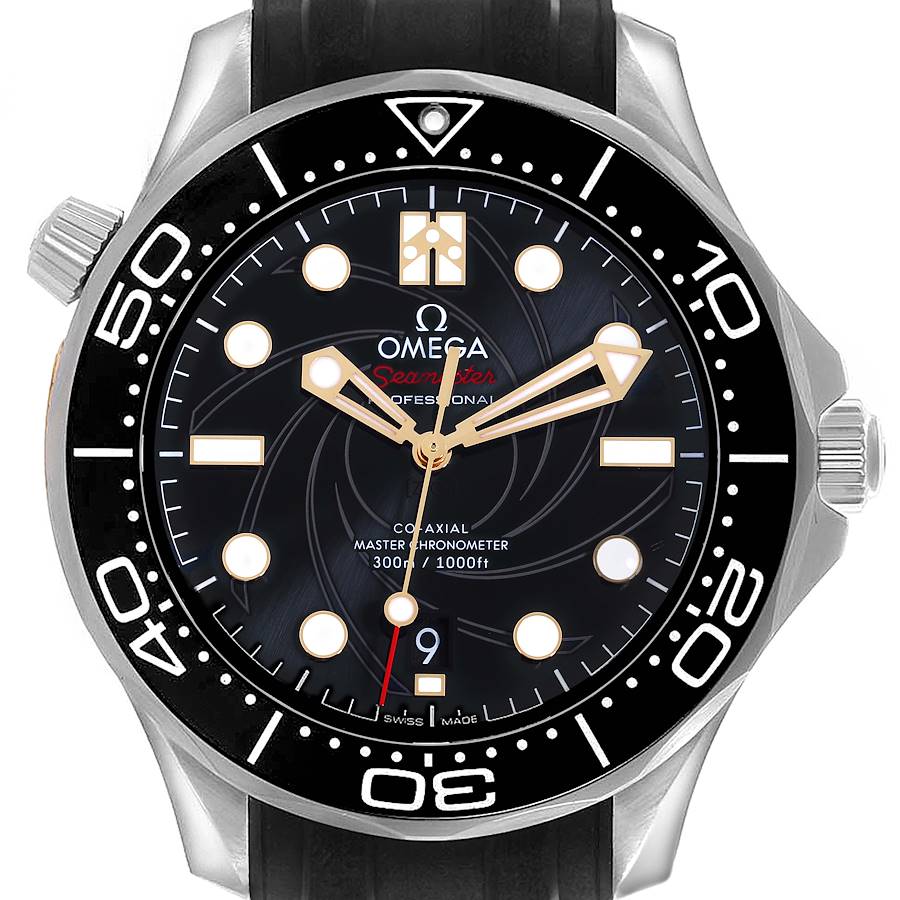 The Omega Seamaster watch is shown from a front angle, highlighting the dial, bezel, and crown.