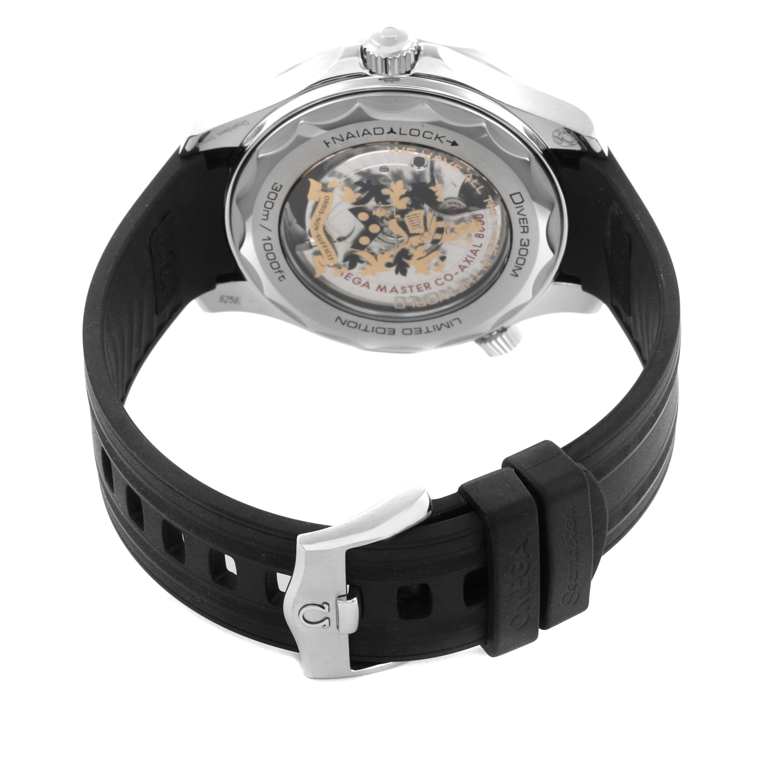 The image shows the back view of the Omega Seamaster 210.22.42.20.01.004 Men's Stainless Steel Black Dial 210.22.42.20.01.004 Men's Stainless Steel Black Dial, highlighting its transparent case back and rubber strap.