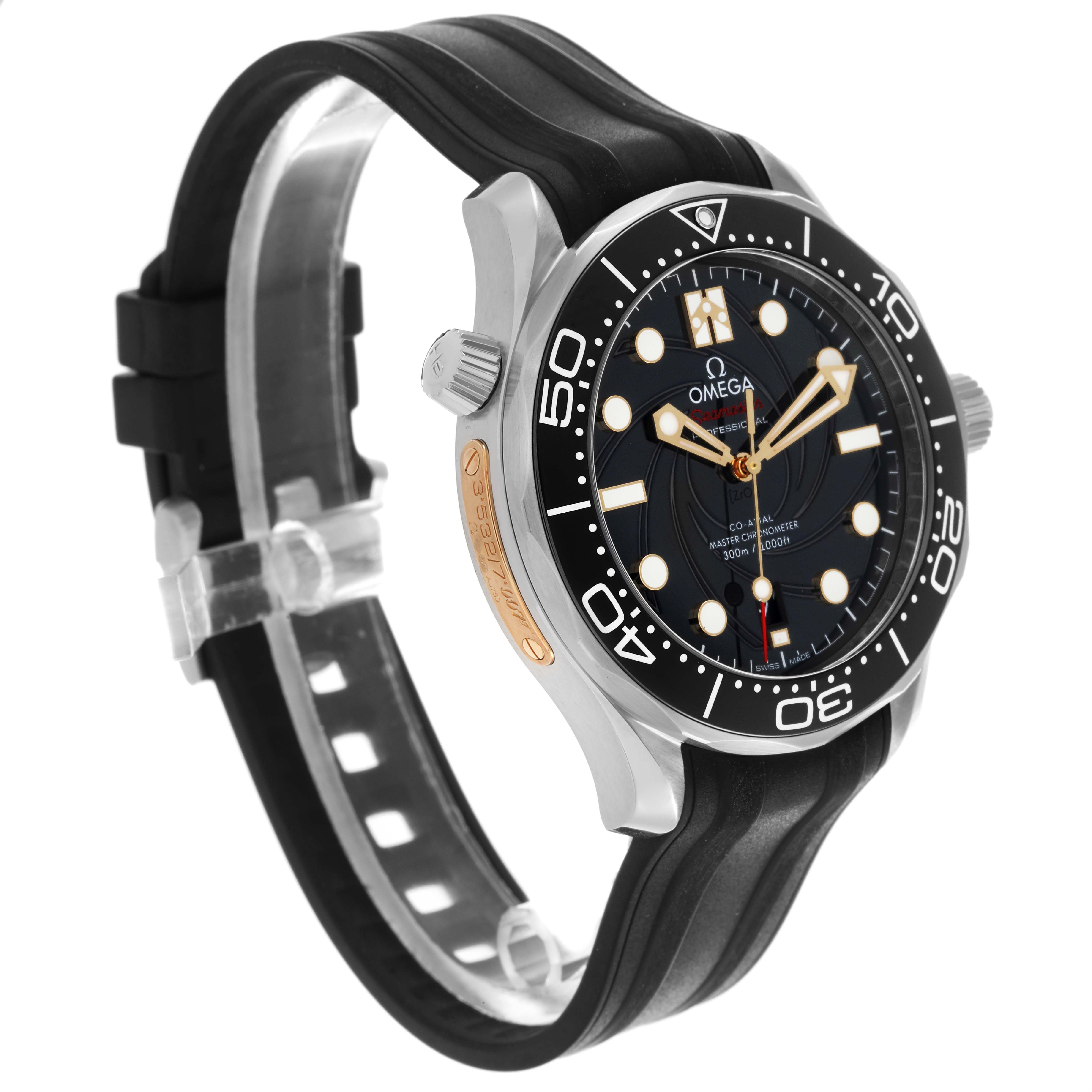 The Omega Seamaster 210.22.42.20.01.004 Men's Stainless Steel Black Dial 210.22.42.20.01.004 Men's Stainless Steel Black Dial watch is shown at an angled view, highlighting the black dial, bezel, crown, and rubber strap.