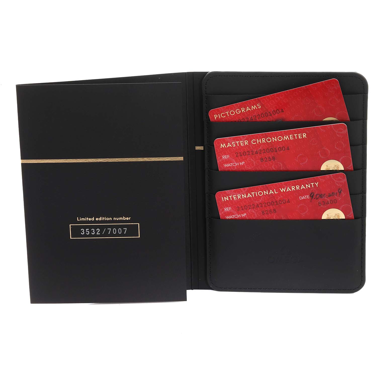 The image shows Omega Seamaster 210.22.42.20.01.004 Men's Stainless Steel Black Dial 210.22.42.20.01.004 Men's Stainless Steel Black Dial accessories, including a limited edition case and warranty cards.