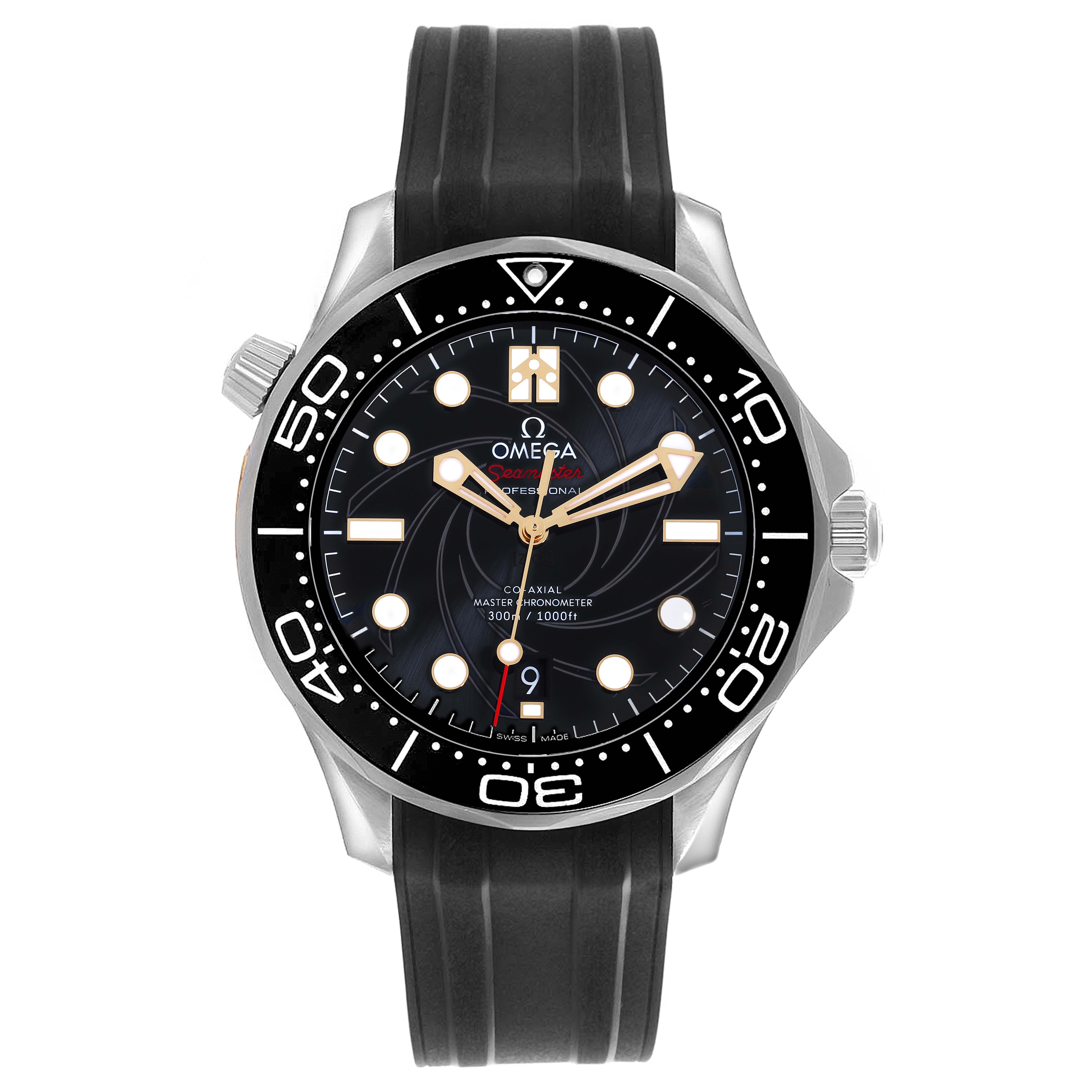 The Omega Seamaster 210.22.42.20.01.004 Men's Stainless Steel Black Dial 210.22.42.20.01.004 Men's Stainless Steel Black Dial watch is shown from a front view, displaying the dial, bezel, and rubber strap.
