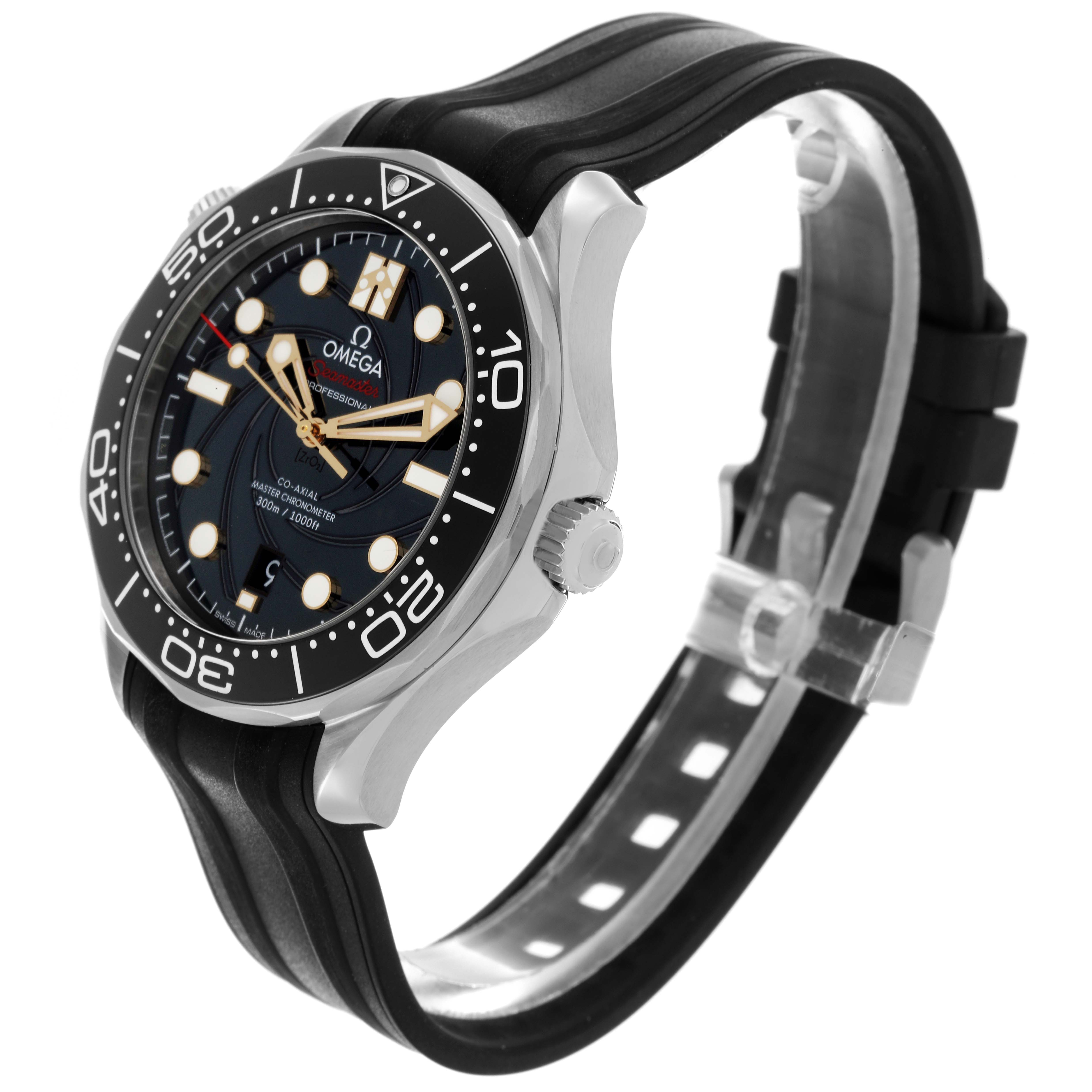 The Omega Seamaster 210.22.42.20.01.004 Men's Stainless Steel Black Dial 210.22.42.20.01.004 Men's Stainless Steel Black Dial watch is shown at a side angle, displaying its face, bezel, crown, and rubber strap.