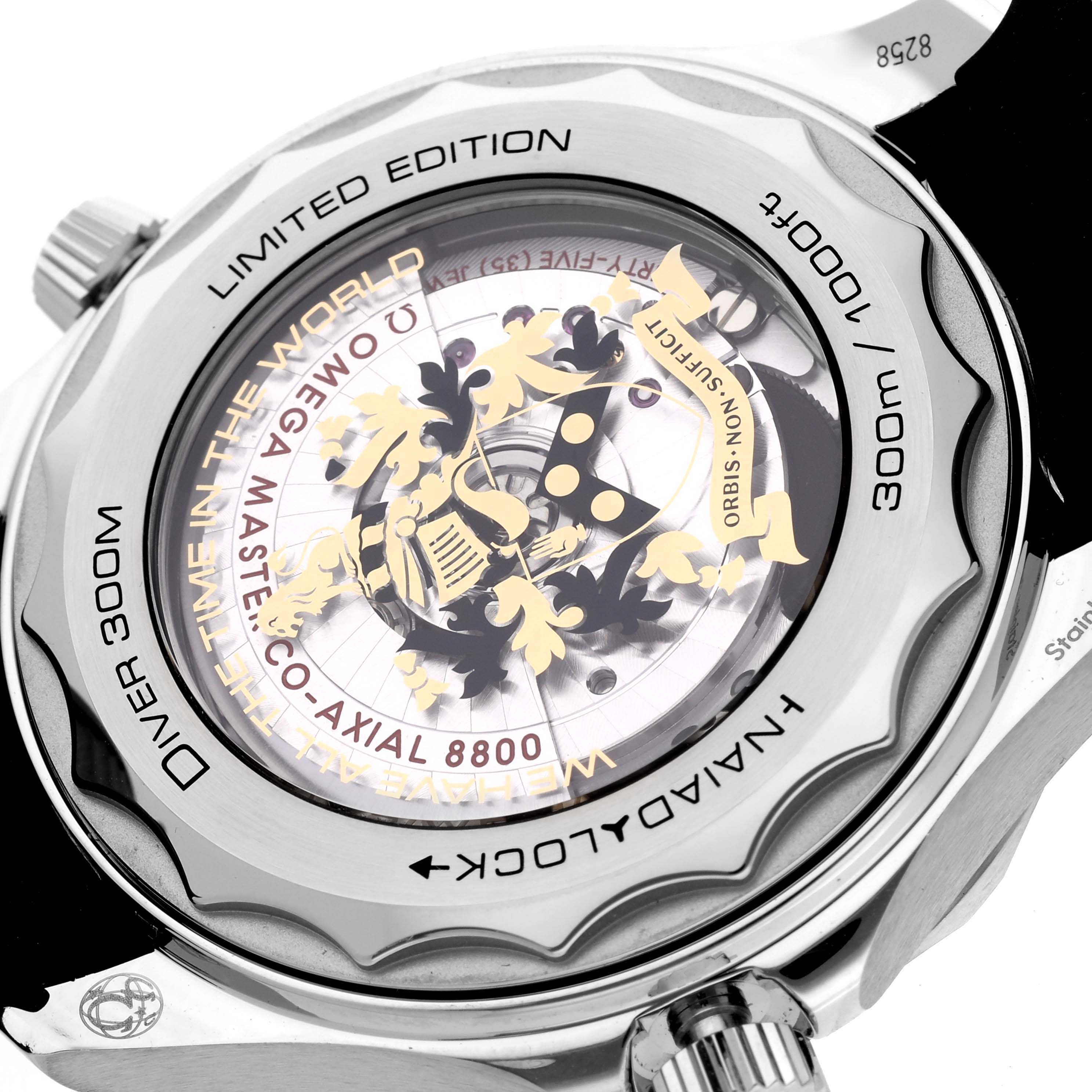 The image shows the back of an Omega Seamaster 210.22.42.20.01.004 Men's Stainless Steel Black Dial 210.22.42.20.01.004 Men's Stainless Steel Black Dial watch, featuring its limited edition engraving and mechanical movement.