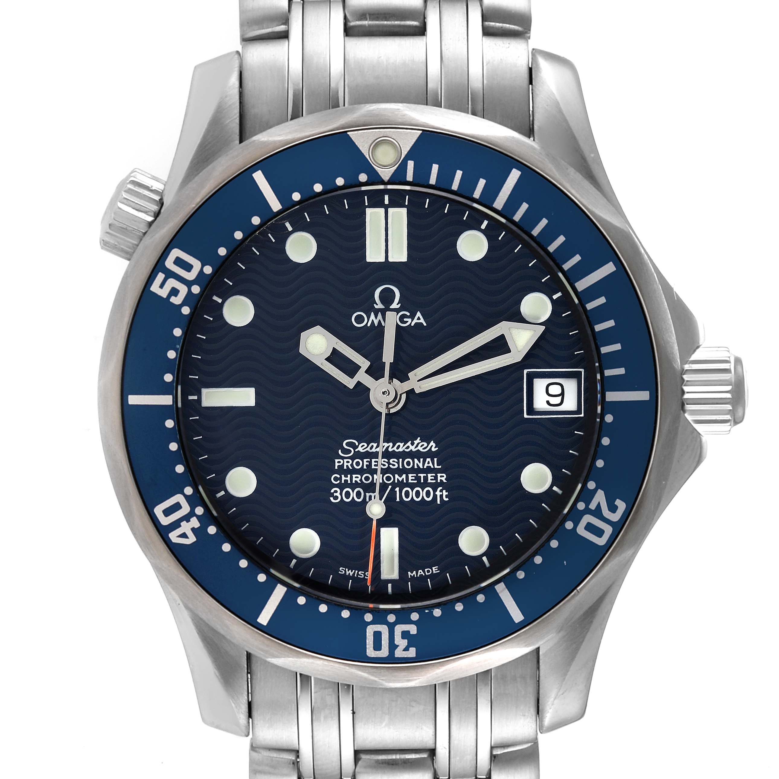 The Omega Seamaster 2551.80.00 Men's Stainless Steel Blue Dial 2551.80.00 Men's Stainless Steel Blue Dial watch is shown from a front angle, displaying the dial, bezel, bracelet, and crown.