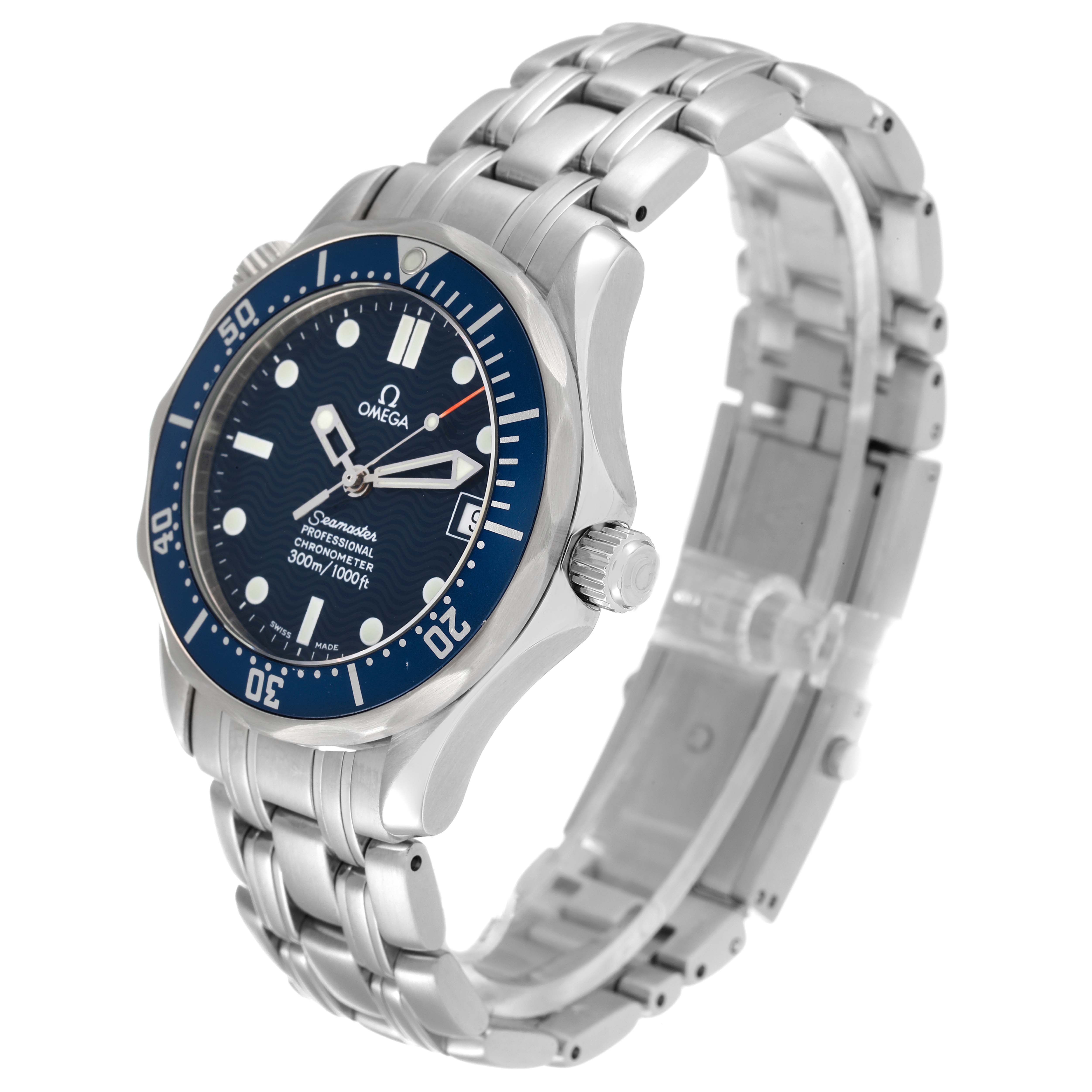 The Omega Seamaster 2551.80.00 Men's Stainless Steel Blue Dial 2551.80.00 Men's Stainless Steel Blue Dial watch is shown at a three-quarter angle, highlighting its stainless steel bracelet, blue dial, and rotating bezel.