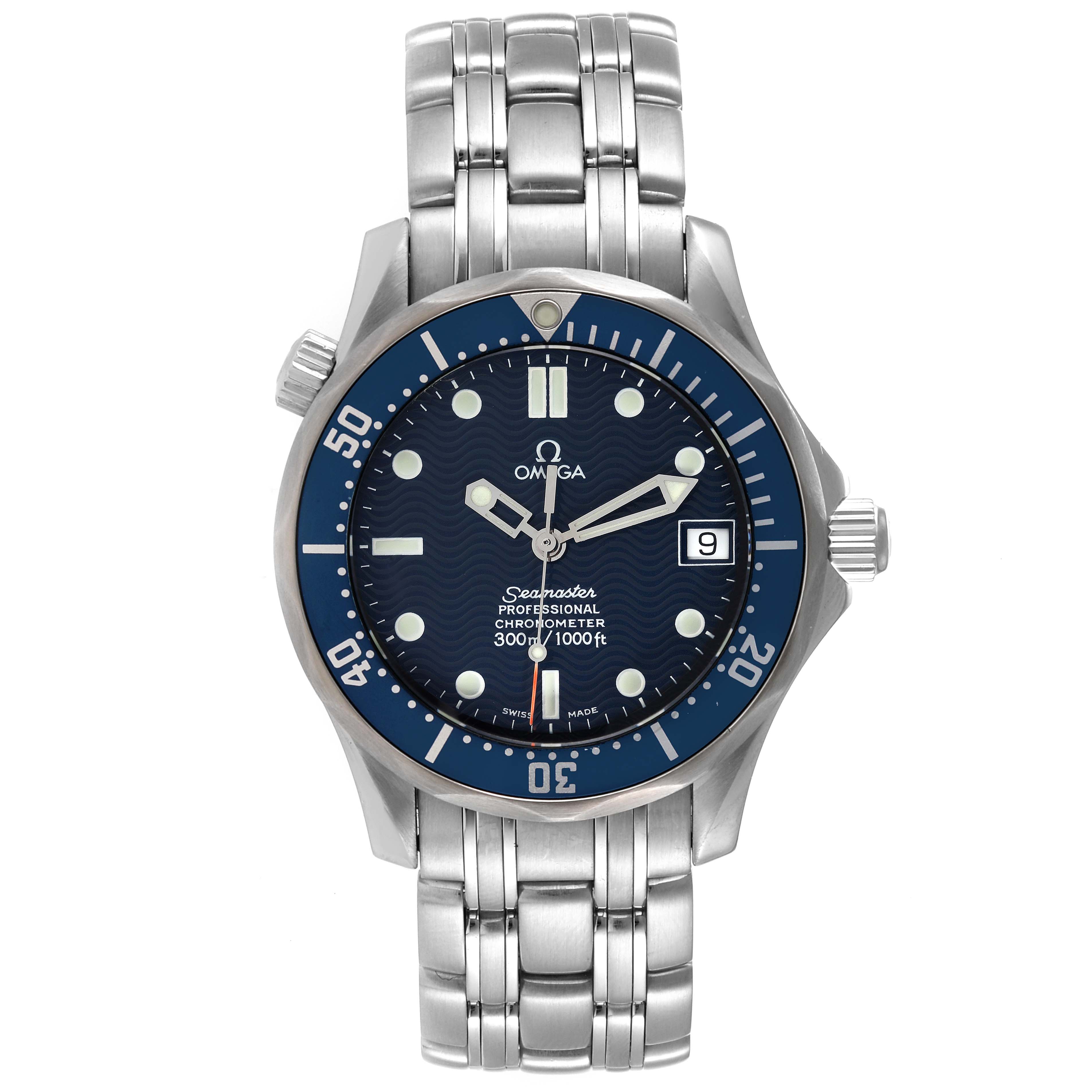 The Omega Seamaster 2551.80.00 Men's Stainless Steel Blue Dial 2551.80.00 Men's Stainless Steel Blue Dial watch is shown from a front angle, highlighting its face, bezel, and stainless steel bracelet.