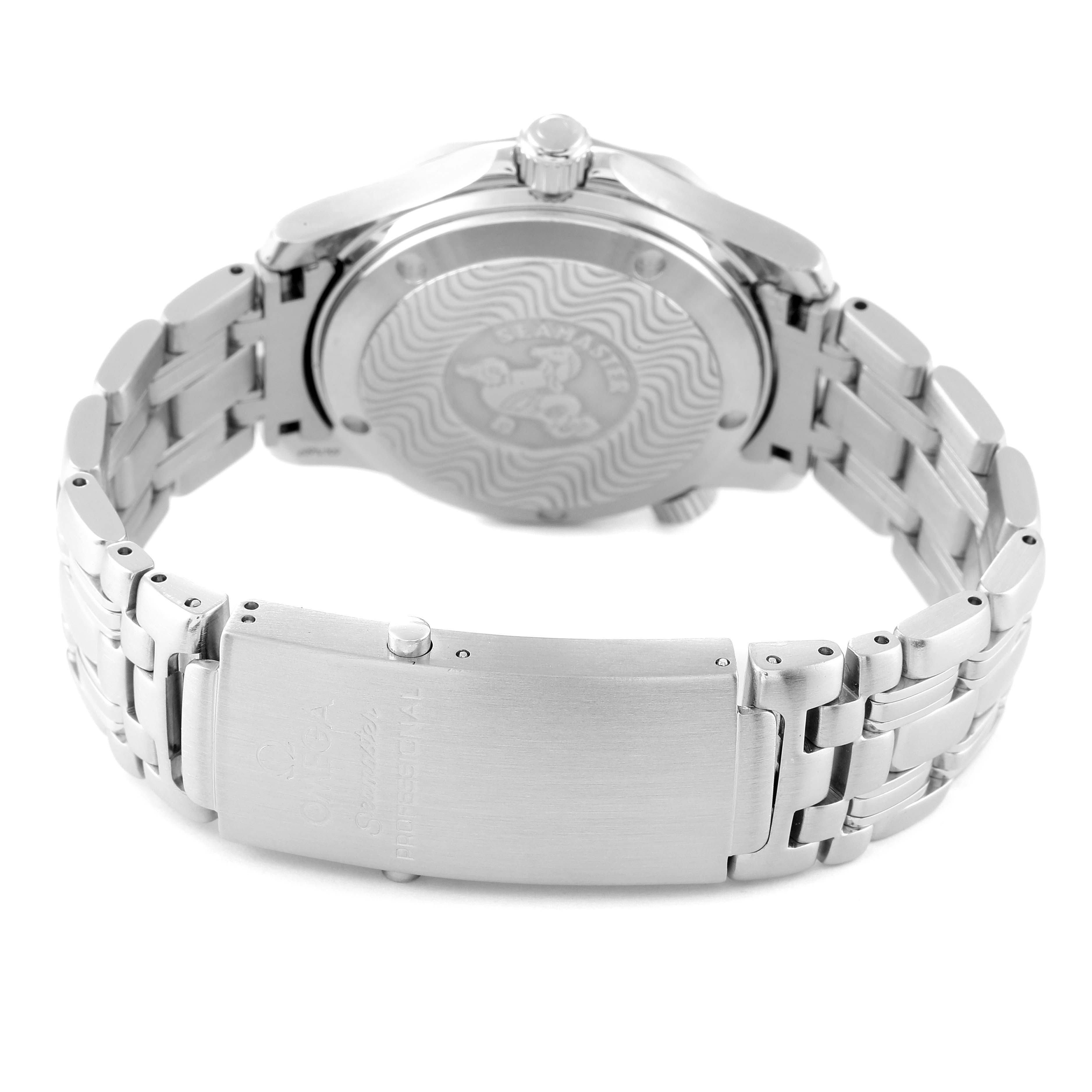 The image shows the back and clasp of an Omega Seamaster 2551.80.00 Men's Stainless Steel Blue Dial 2551.80.00 Men's Stainless Steel Blue Dial watch, including the engraved case back and the metal bracelet.