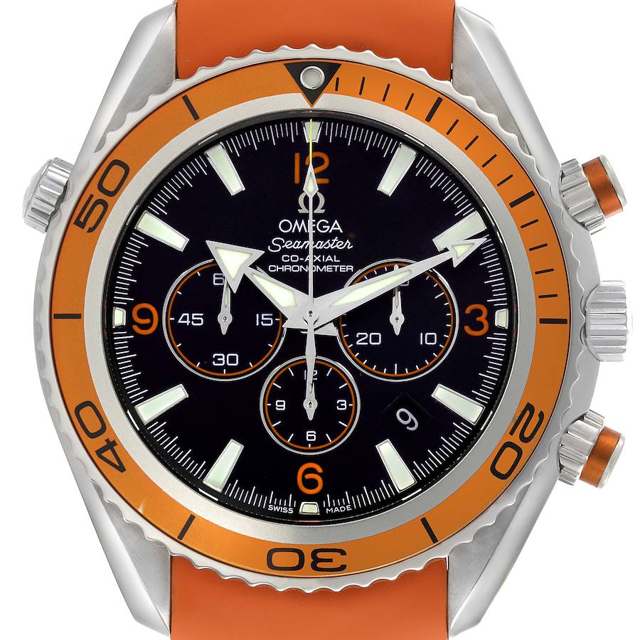 The Omega Planet Ocean watch is shown from the front, displaying the dial, bezel, and pushers.