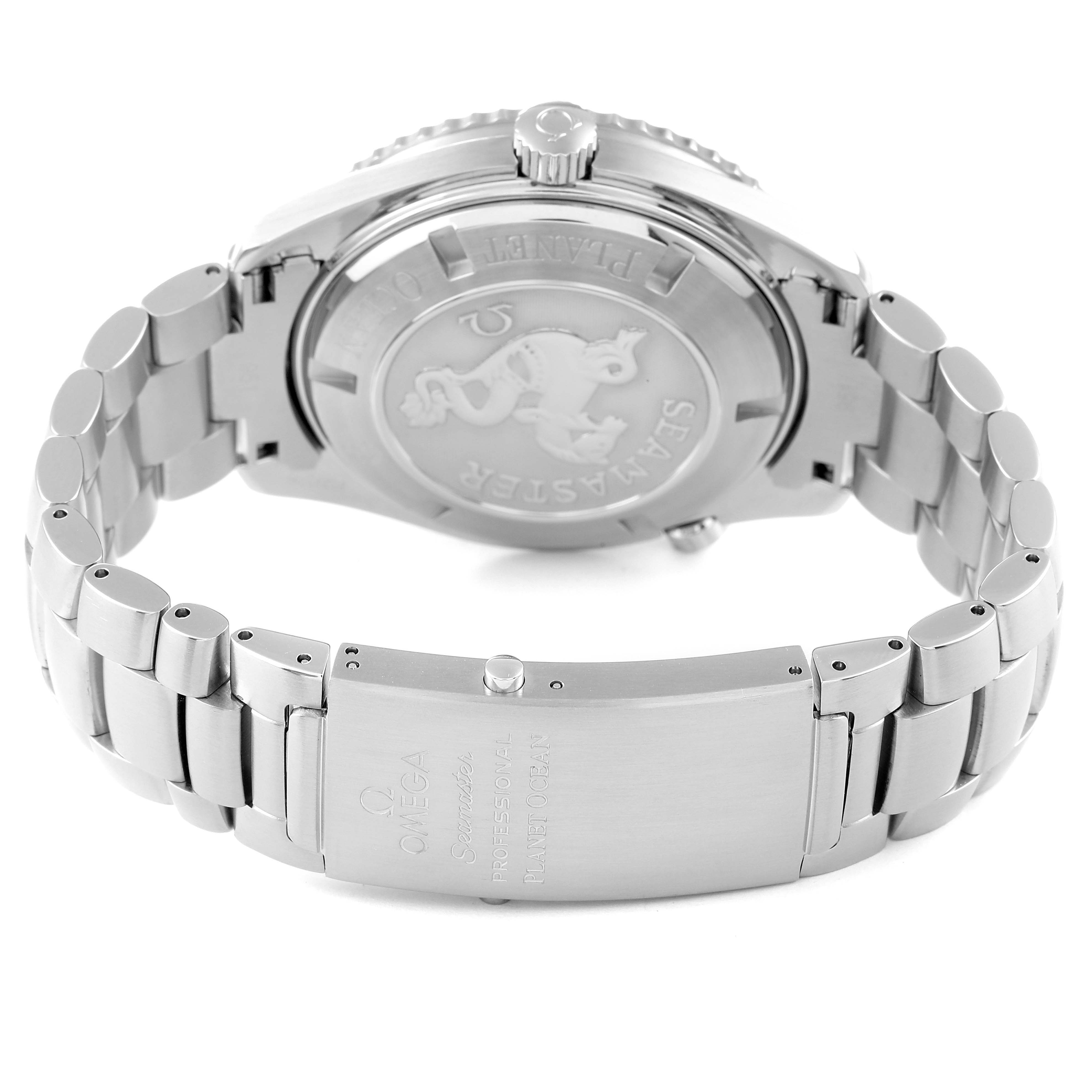 The image shows the back and clasp of the Omega Planet Ocean 2200.50.00 Men's Stainless Steel Black Dial 2200.50.00 Men's Stainless Steel Black Dial watch, highlighting its stainless steel bracelet and engraved case back.