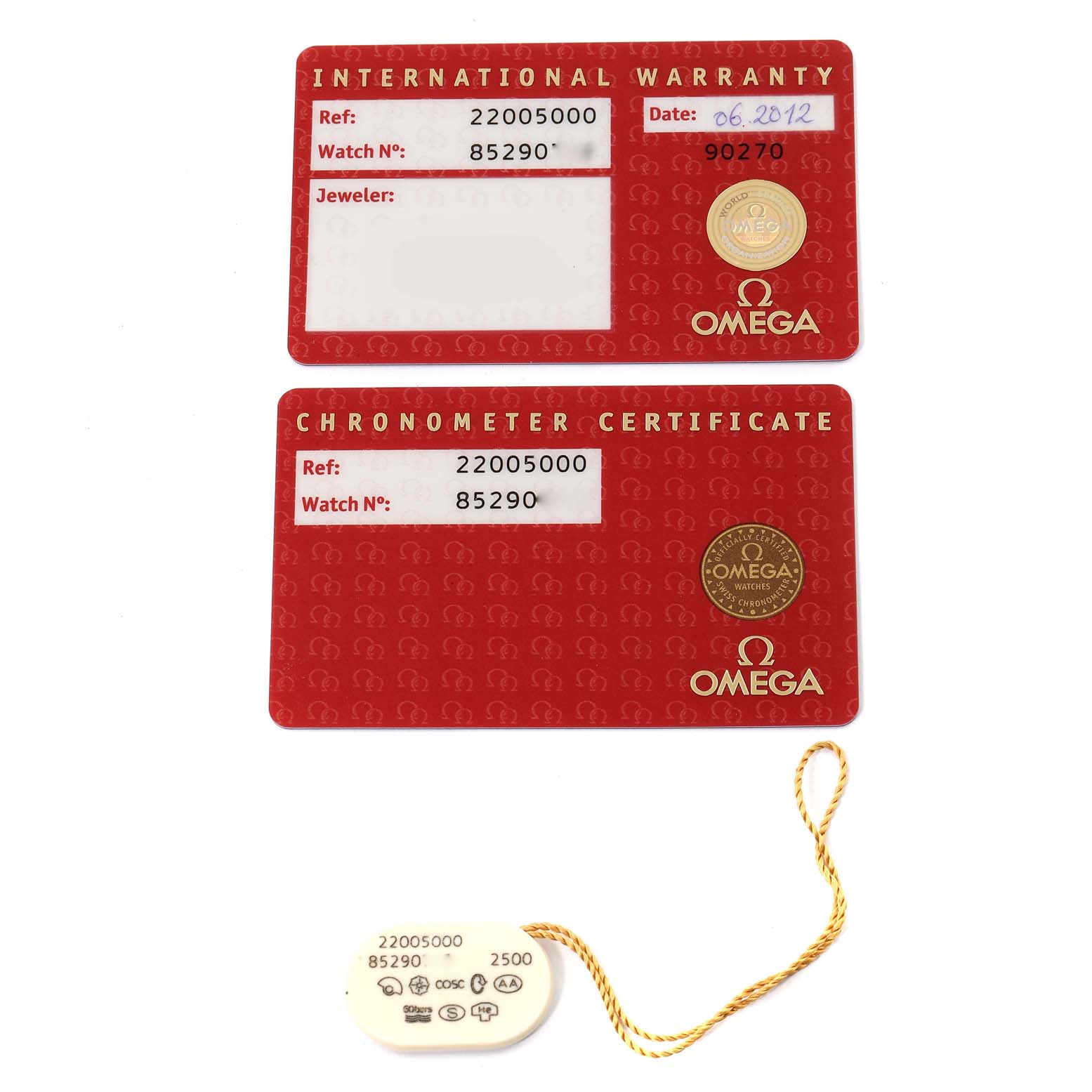 The image shows the International Warranty card, Chronometer Certificate card, and the tag for an Omega Planet Ocean 2200.50.00 Men's Stainless Steel Black Dial 2200.50.00 Men's Stainless Steel Black Dial watch.