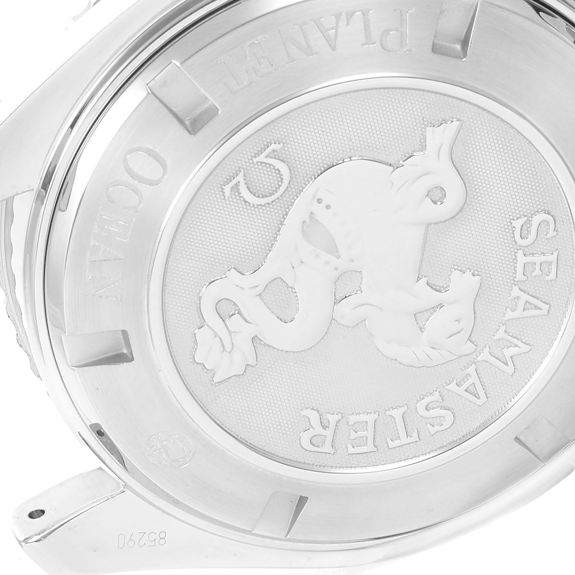 This image shows the case back of the Omega Seamaster Planet Ocean watch with the branding and emblem.