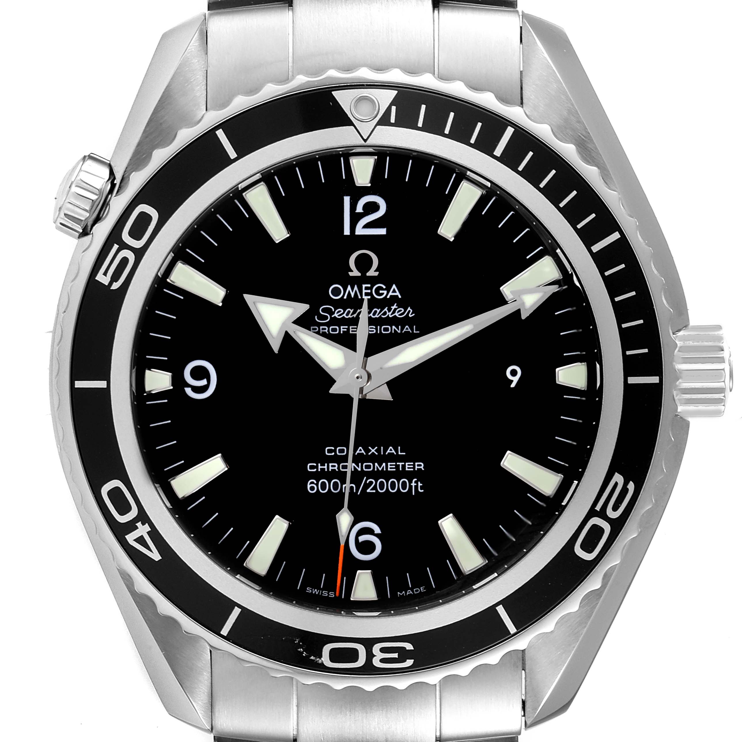 The image shows a front view of the Omega Planet Ocean 2200.50.00 Men's Stainless Steel Black Dial 2200.50.00 Men's Stainless Steel Black Dial watch, displaying its face, bezel, and portion of the bracelet.