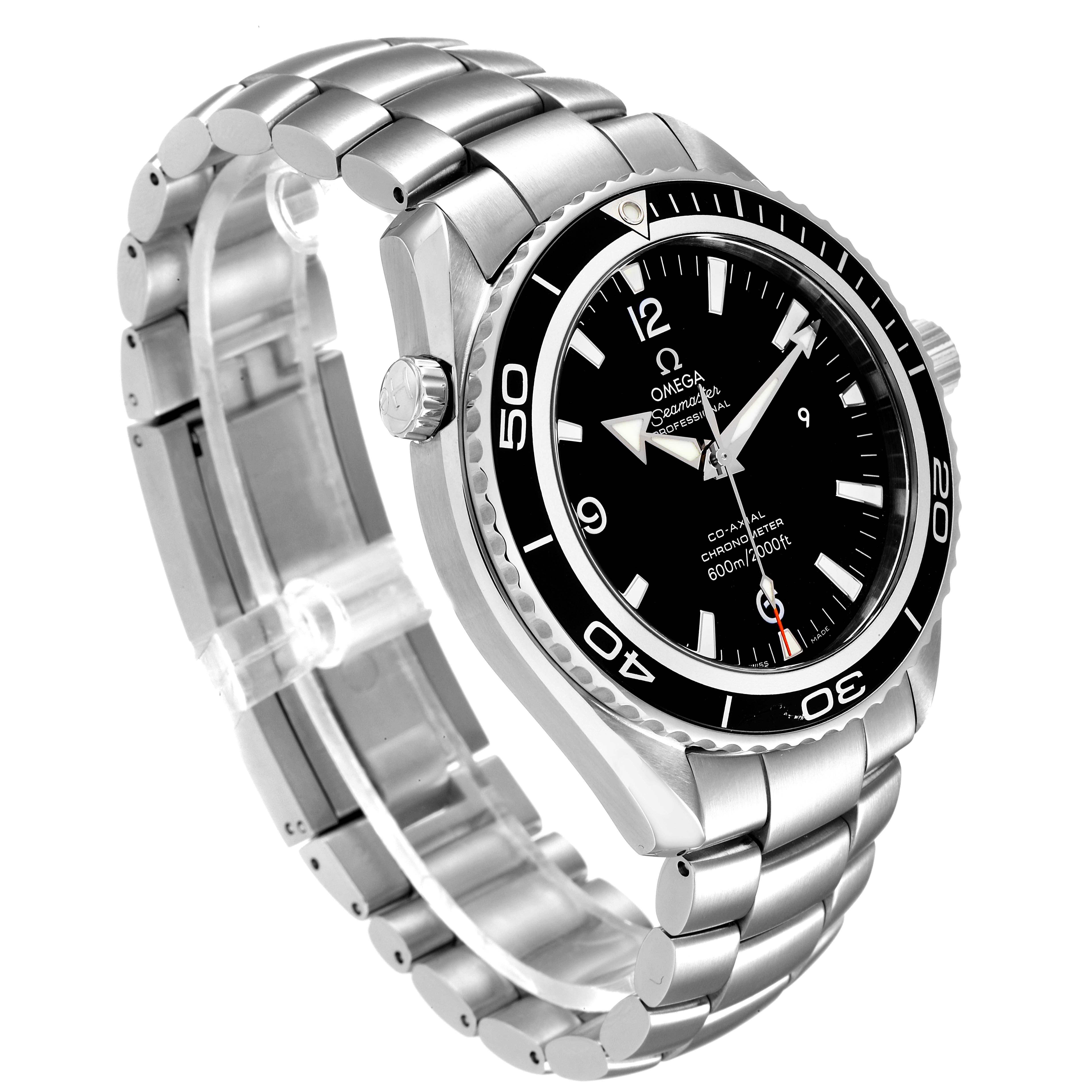 The image shows an Omega Planet Ocean 2200.50.00 Men's Stainless Steel Black Dial 2200.50.00 Men's Stainless Steel Black Dial model watch at a three-quarter angle, highlighting the bezel, dial, and metal bracelet.