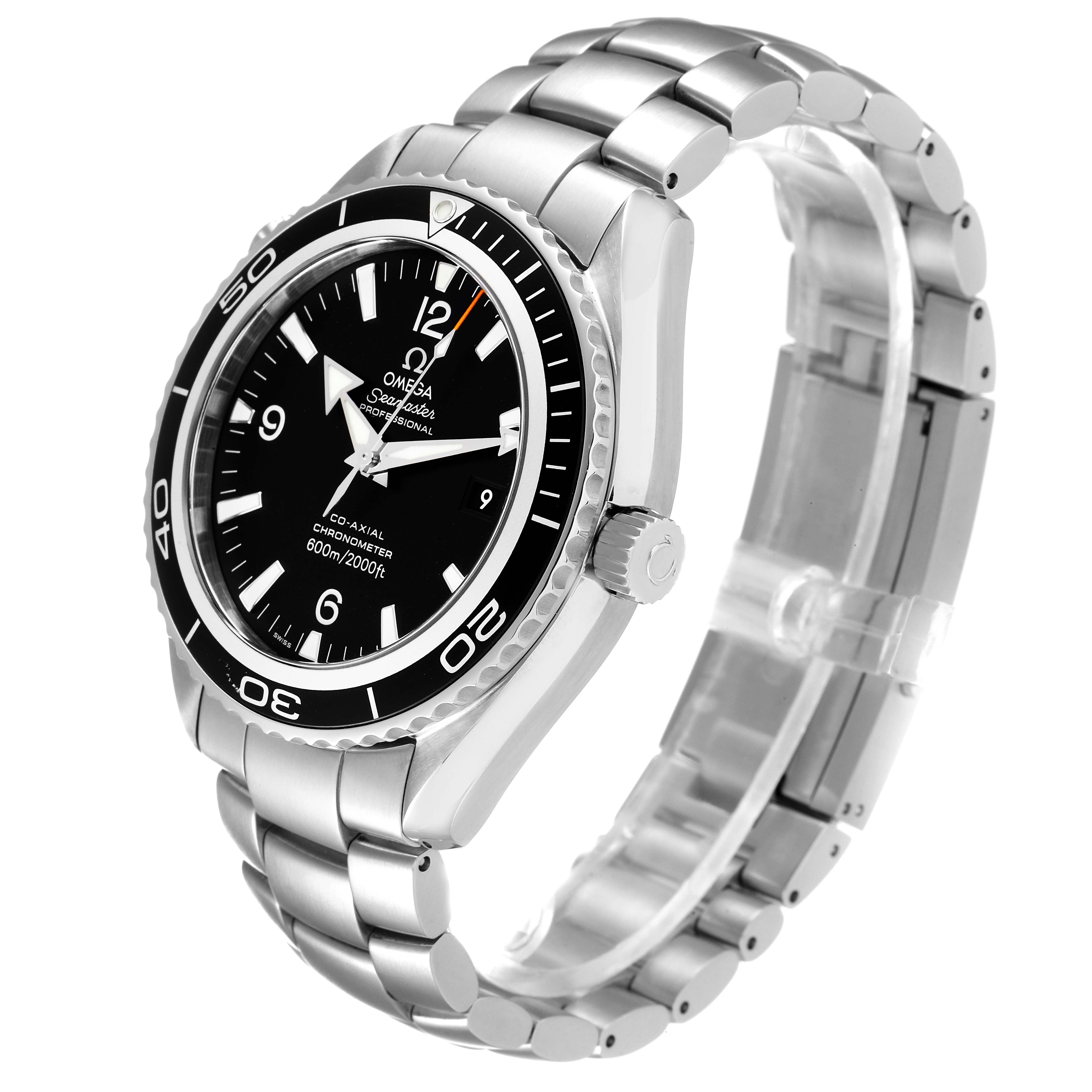 The Omega Planet Ocean 2200.50.00 Men's Stainless Steel Black Dial 2200.50.00 Men's Stainless Steel Black Dial watch is shown at an angled side view, highlighting the dial, bezel, crown, and bracelet.