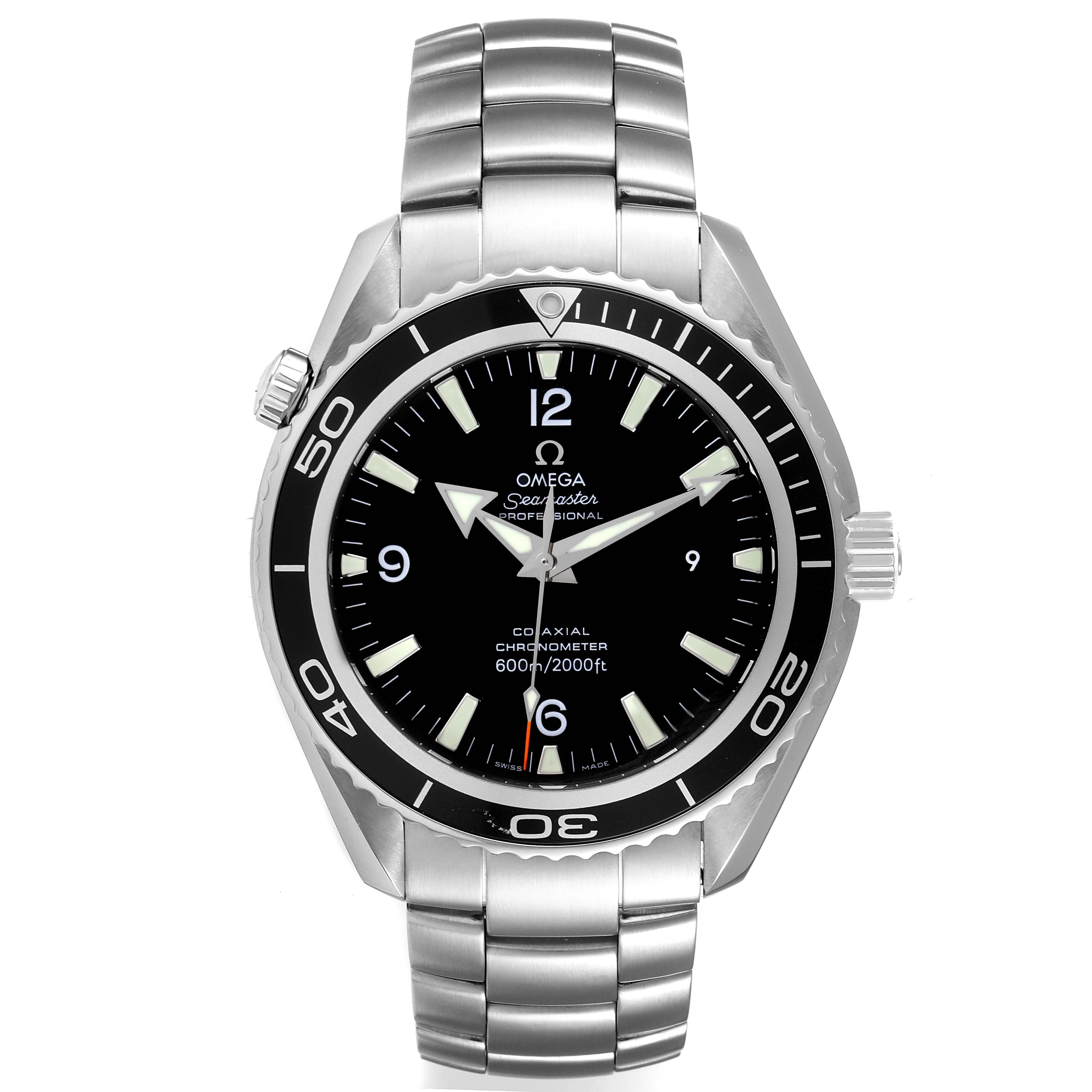 The image shows a front view of the Omega Planet Ocean 2200.50.00 Men's Stainless Steel Black Dial 2200.50.00 Men's Stainless Steel Black Dial watch, highlighting its dial, bezel, and stainless steel bracelet.