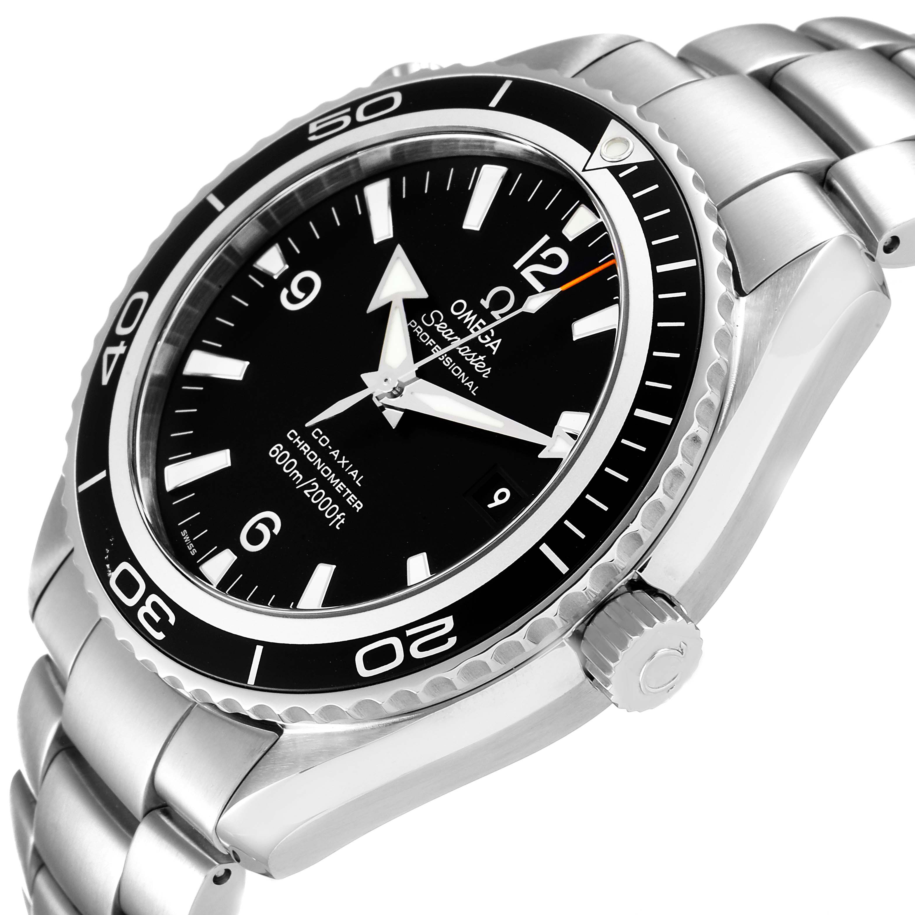 The Omega Planet Ocean 2200.50.00 Men's Stainless Steel Black Dial 2200.50.00 Men's Stainless Steel Black Dial watch is shown at a slight angle from the side, highlighting its bezel, crown, and part of its metal bracelet.