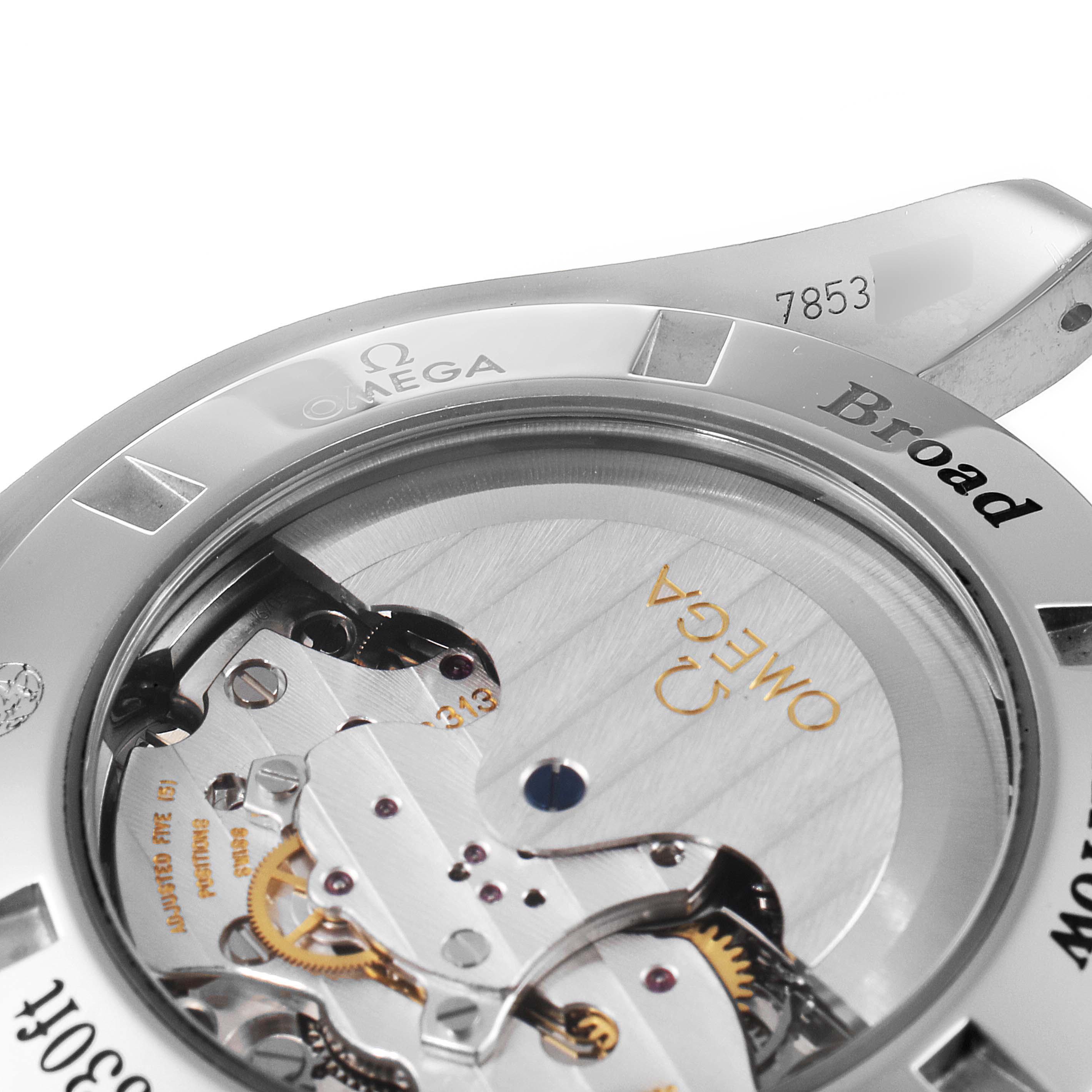 The image shows a close-up view of the movement and case back of an Omega Speedmaster 321.10.44.50.02.001 Men's Stainless Steel Silver Dial 321.10.44.50.02.001 Men's Stainless Steel Silver Dial watch.