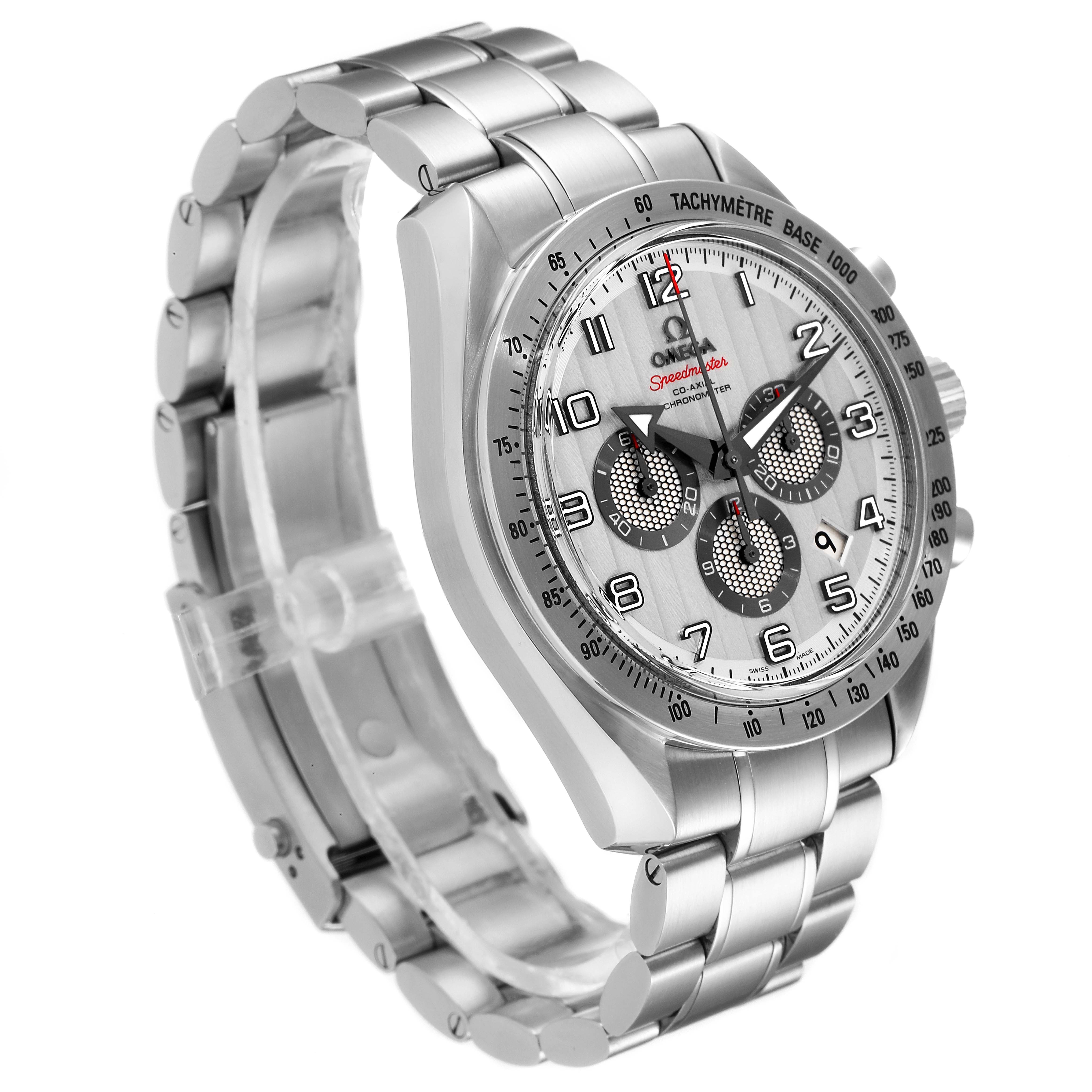 The Omega Speedmaster 321.10.44.50.02.001 Men's Stainless Steel Silver Dial 321.10.44.50.02.001 Men's Stainless Steel Silver Dial watch is shown from an angled side view, highlighting its stainless steel bracelet and detailed chronograph dial.