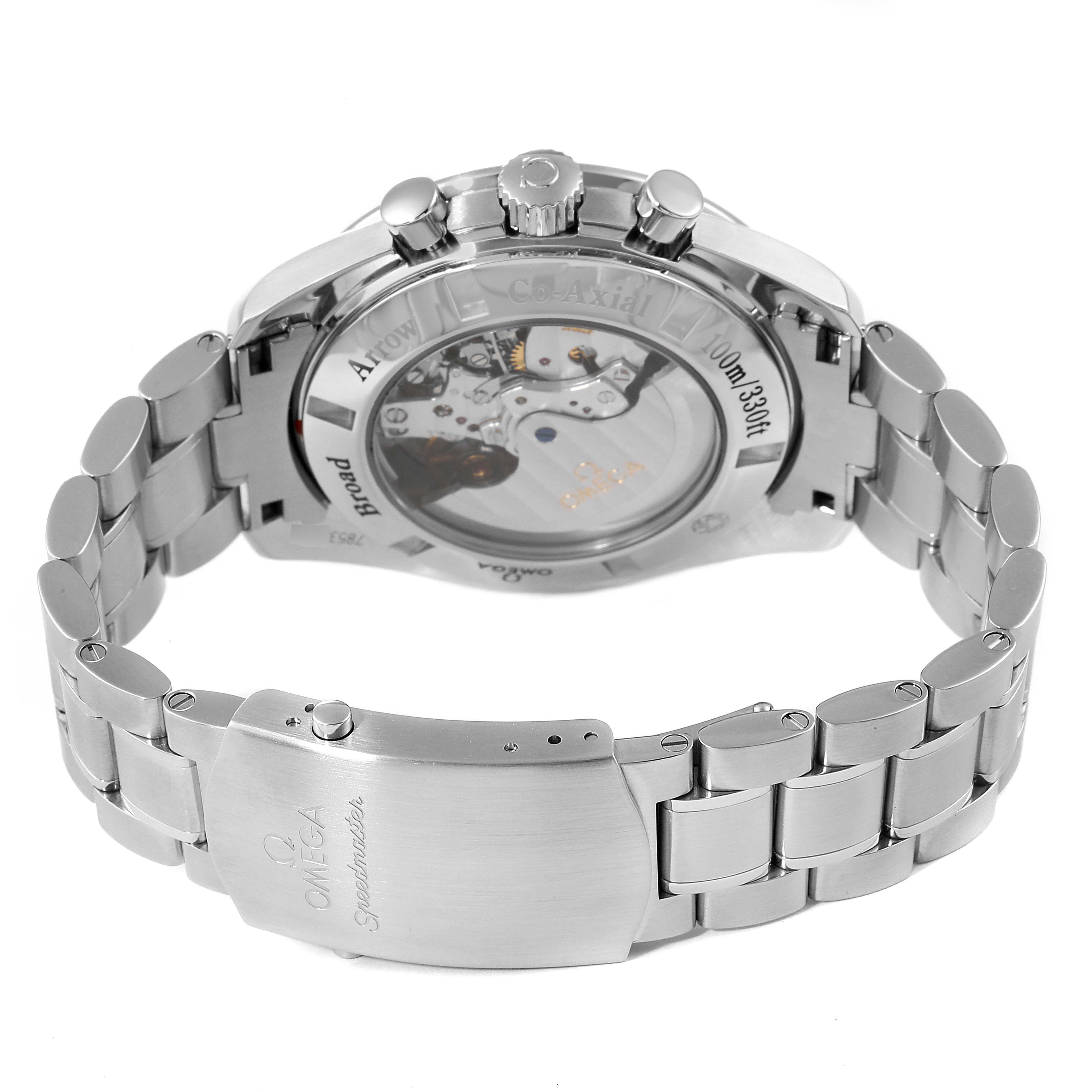 The image shows the back view of the Omega Speedmaster 321.10.44.50.02.001 Men's Stainless Steel Silver Dial 321.10.44.50.02.001 Men's Stainless Steel Silver Dial watch, highlighting its open caseback, bracelet, clasp, and pushers.