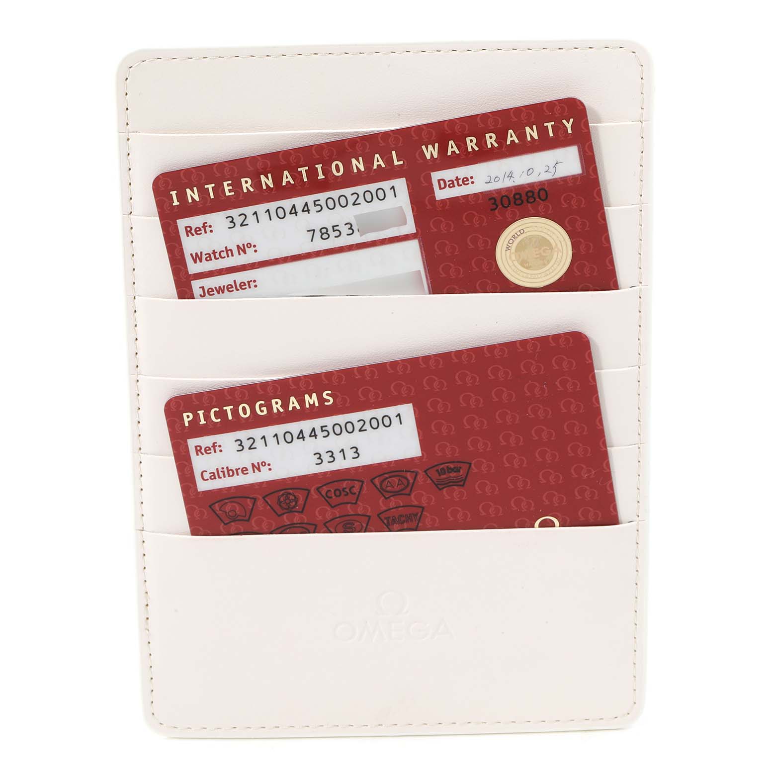The image displays the international warranty and pictograms cards for the Omega Speedmaster 321.10.44.50.02.001 Men's Stainless Steel Silver Dial 321.10.44.50.02.001 Men's Stainless Steel Silver Dial model in a white cardholder.