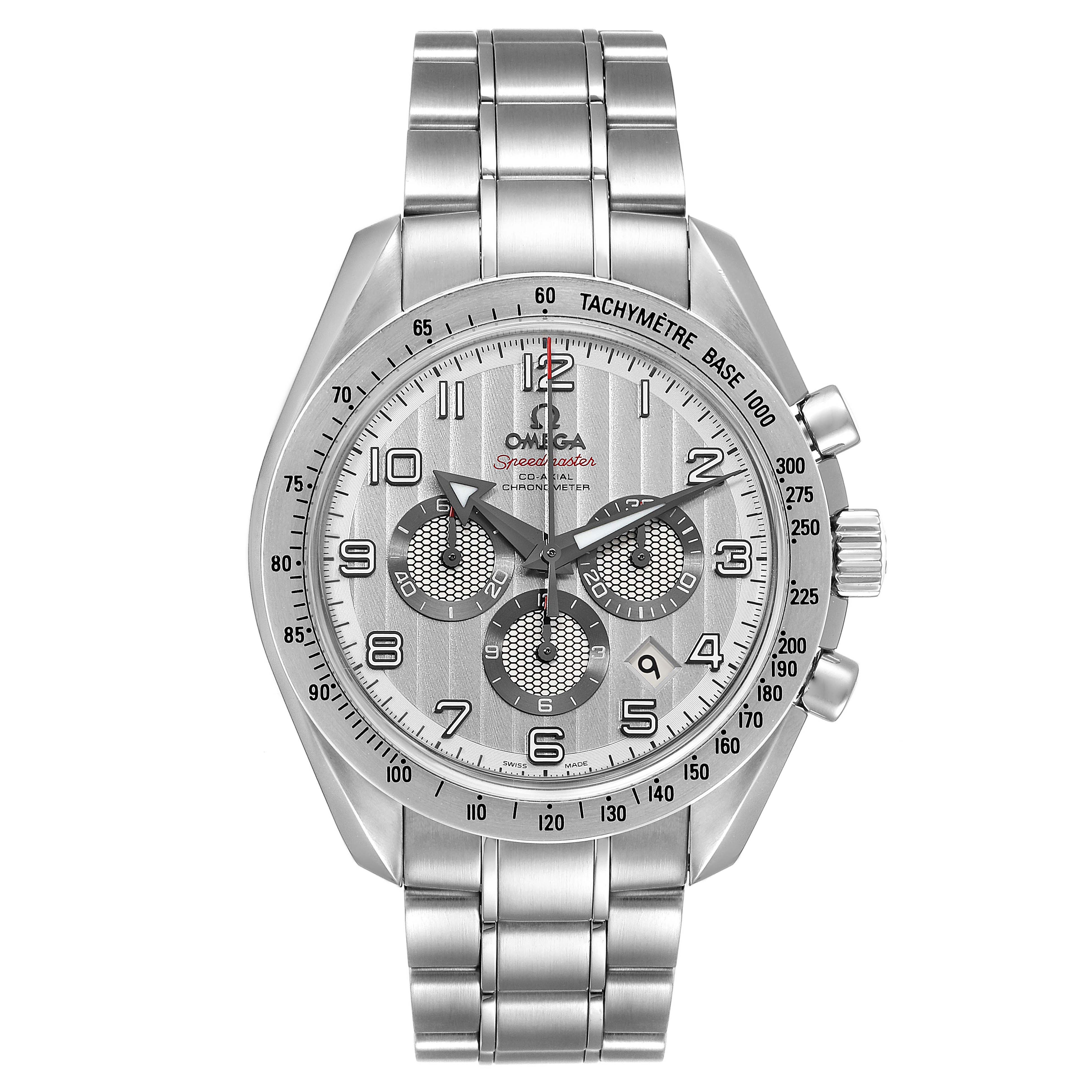 The image shows a front view of an Omega Speedmaster 321.10.44.50.02.001 Men's Stainless Steel Silver Dial 321.10.44.50.02.001 Men's Stainless Steel Silver Dial watch, featuring its dial, tachymeter bezel, and stainless steel bracelet.