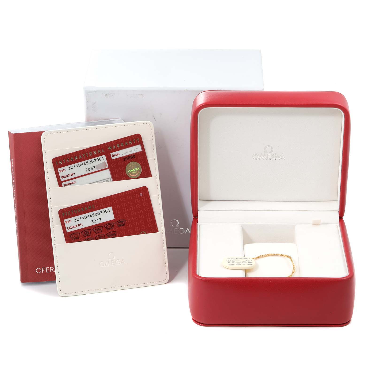 The image shows an Omega Speedmaster 321.10.44.50.02.001 Men's Stainless Steel Silver Dial 321.10.44.50.02.001 Men's Stainless Steel Silver Dial packaging, including the open watch box, warranty cards, and operation manual.