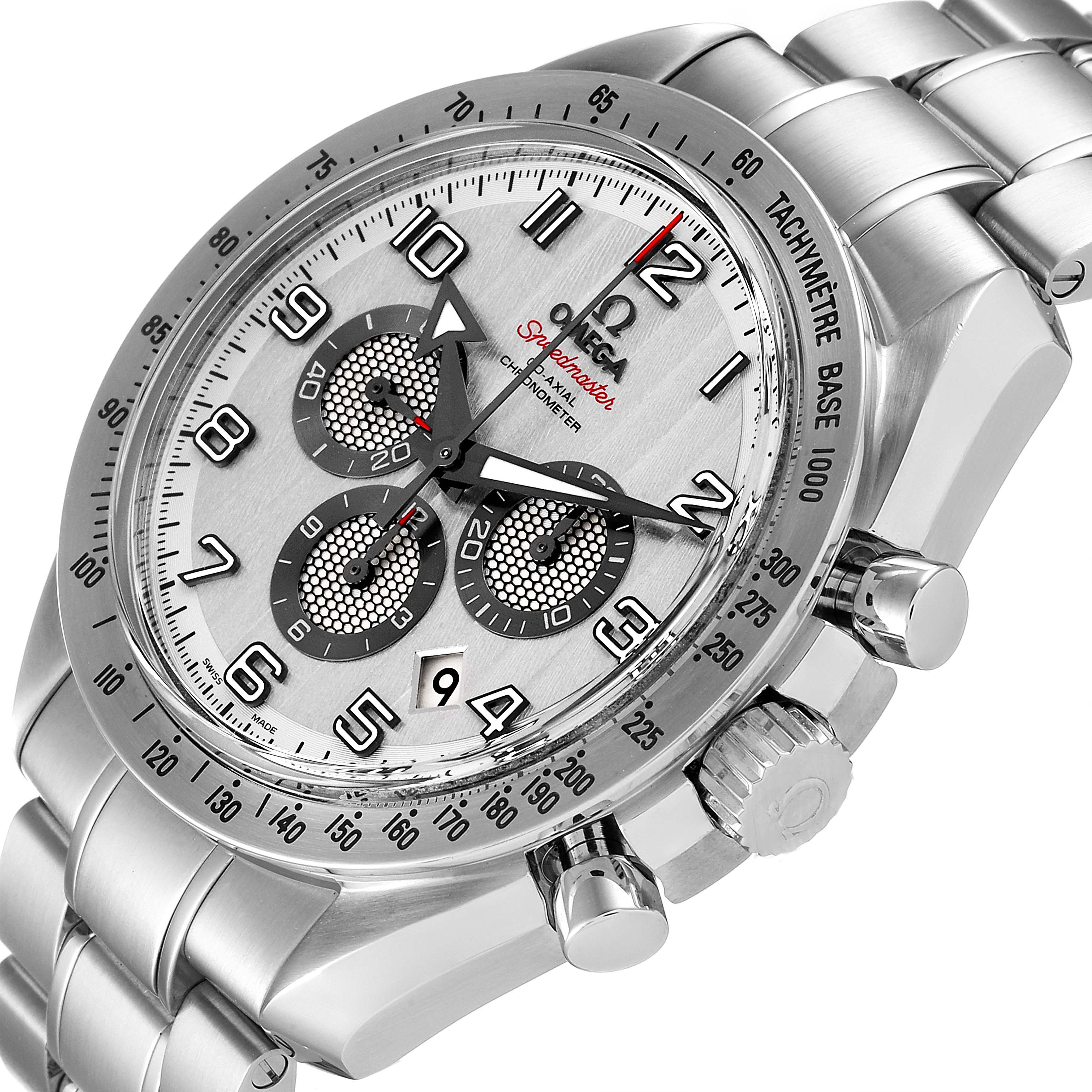 This image shows an angled close-up view of an Omega Speedmaster 321.10.44.50.02.001 Men's Stainless Steel Silver Dial 321.10.44.50.02.001 Men's Stainless Steel Silver Dial watch face, bezel, and part of the metal bracelet.