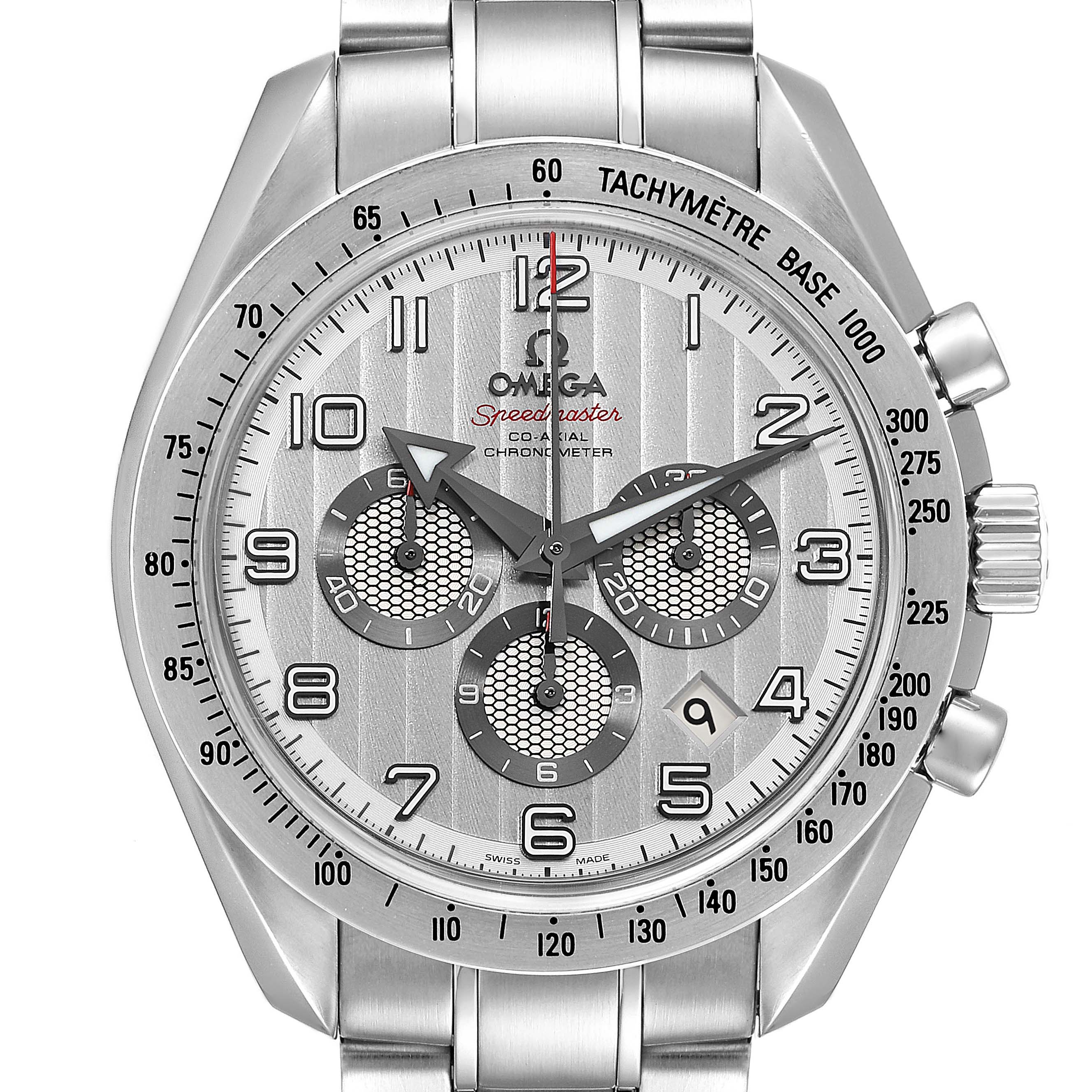 This Omega Speedmaster 321.10.44.50.02.001 Men's Stainless Steel Silver Dial 321.10.44.50.02.001 Men's Stainless Steel Silver Dial watch is shown from a front angle, featuring the dial, tachymeter bezel, hands, and bracelet.