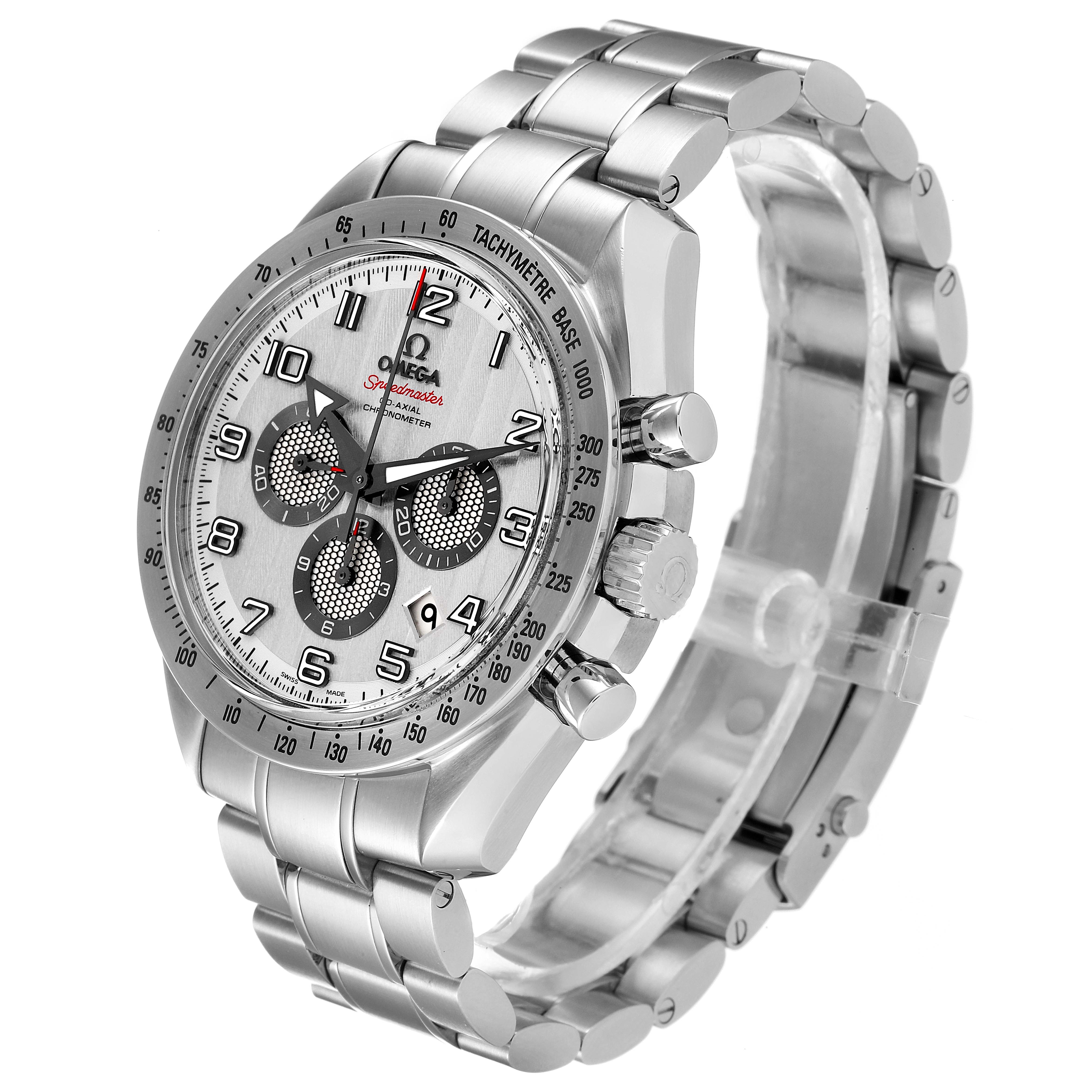 This image shows an Omega Speedmaster 321.10.44.50.02.001 Men's Stainless Steel Silver Dial 321.10.44.50.02.001 Men's Stainless Steel Silver Dial watch angled to display the face, bezel, crown, and stainless steel bracelet.