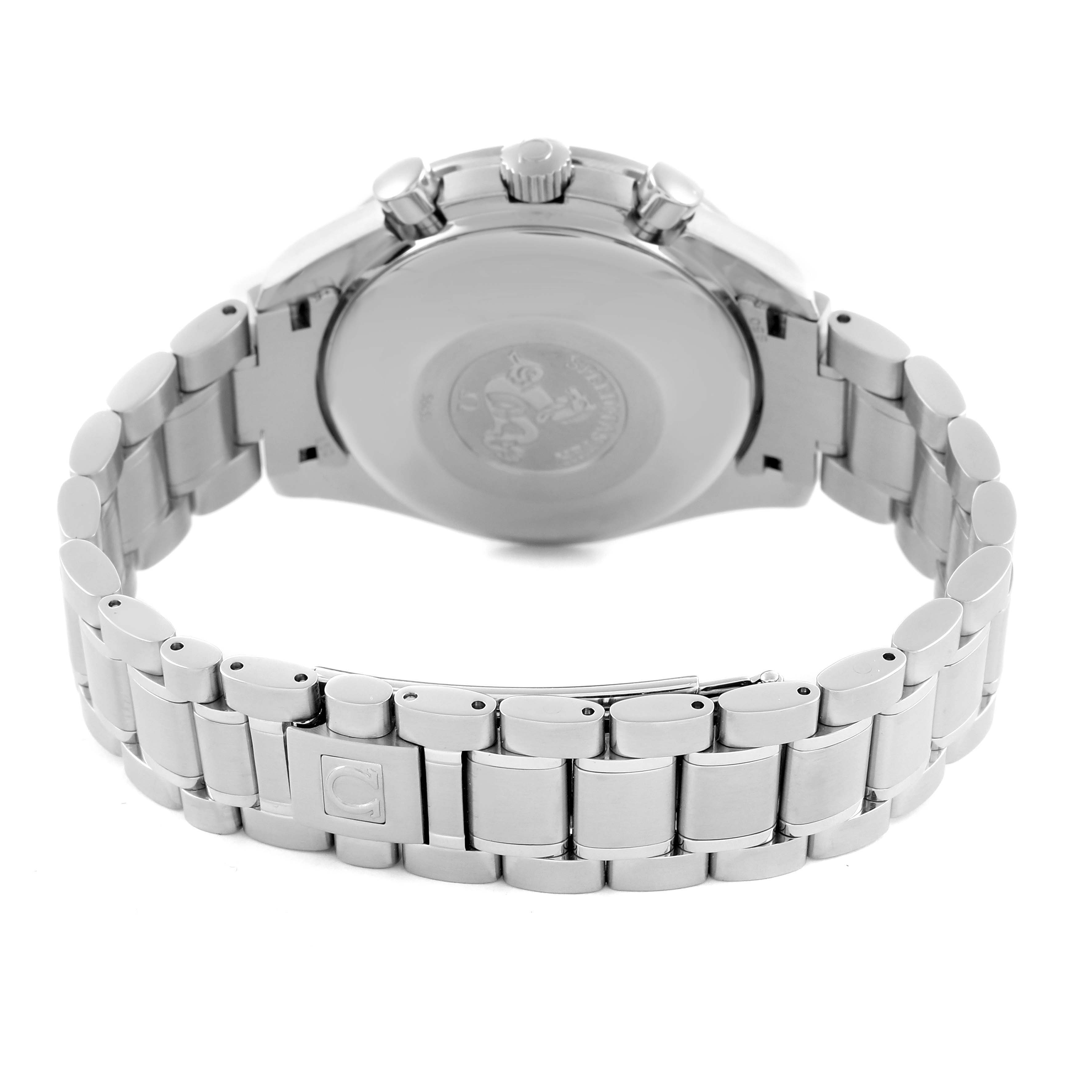 The Omega Speedmaster 3520.50.00 Men
s Stainless Steel Black Dial 3520.50.00 Men
s Stainless Steel Black Dial is shown from the back angle, displaying the caseback and stainless steel bracelet.