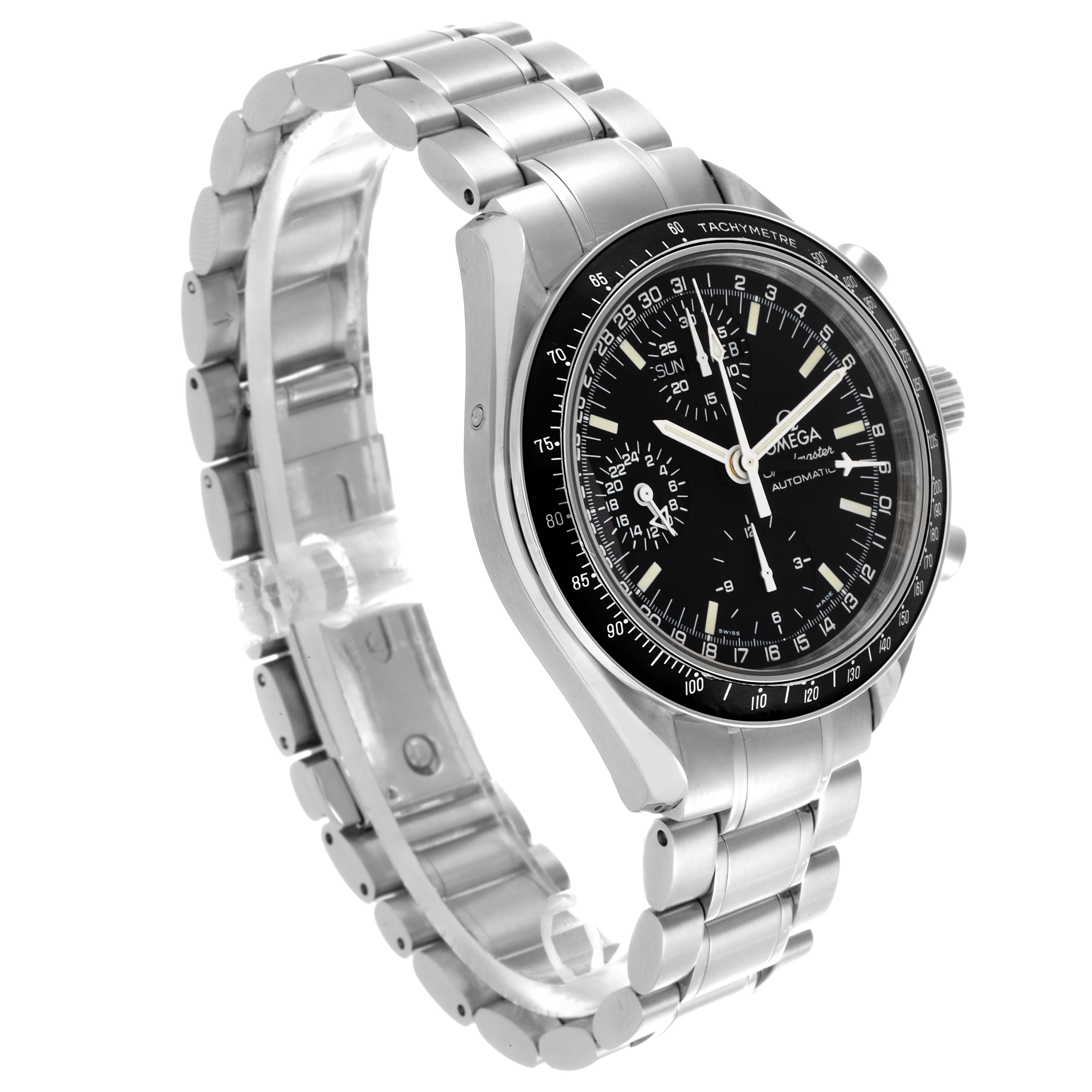 The Omega Speedmaster 3520.50.00 Men
s Stainless Steel Black Dial 3520.50.00 Men
s Stainless Steel Black Dial watch is shown at a three-quarter angle, highlighting the face, bezel, and metal bracelet.
