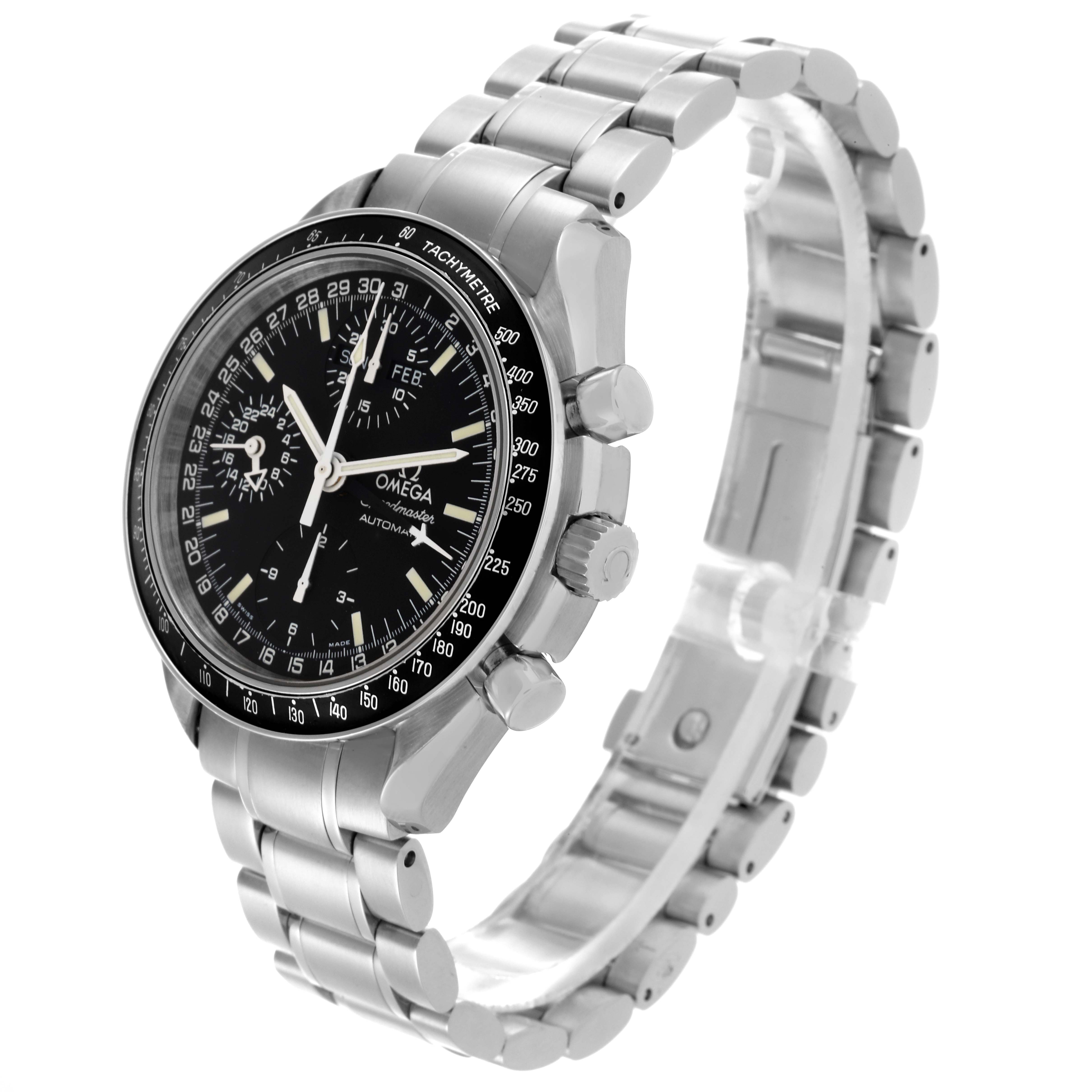 The Omega Speedmaster 3520.50.00 Men
s Stainless Steel Black Dial 3520.50.00 Men
s Stainless Steel Black Dial is shown from a three-quarter angle, highlighting the face, bezel, crown, and metal bracelet.