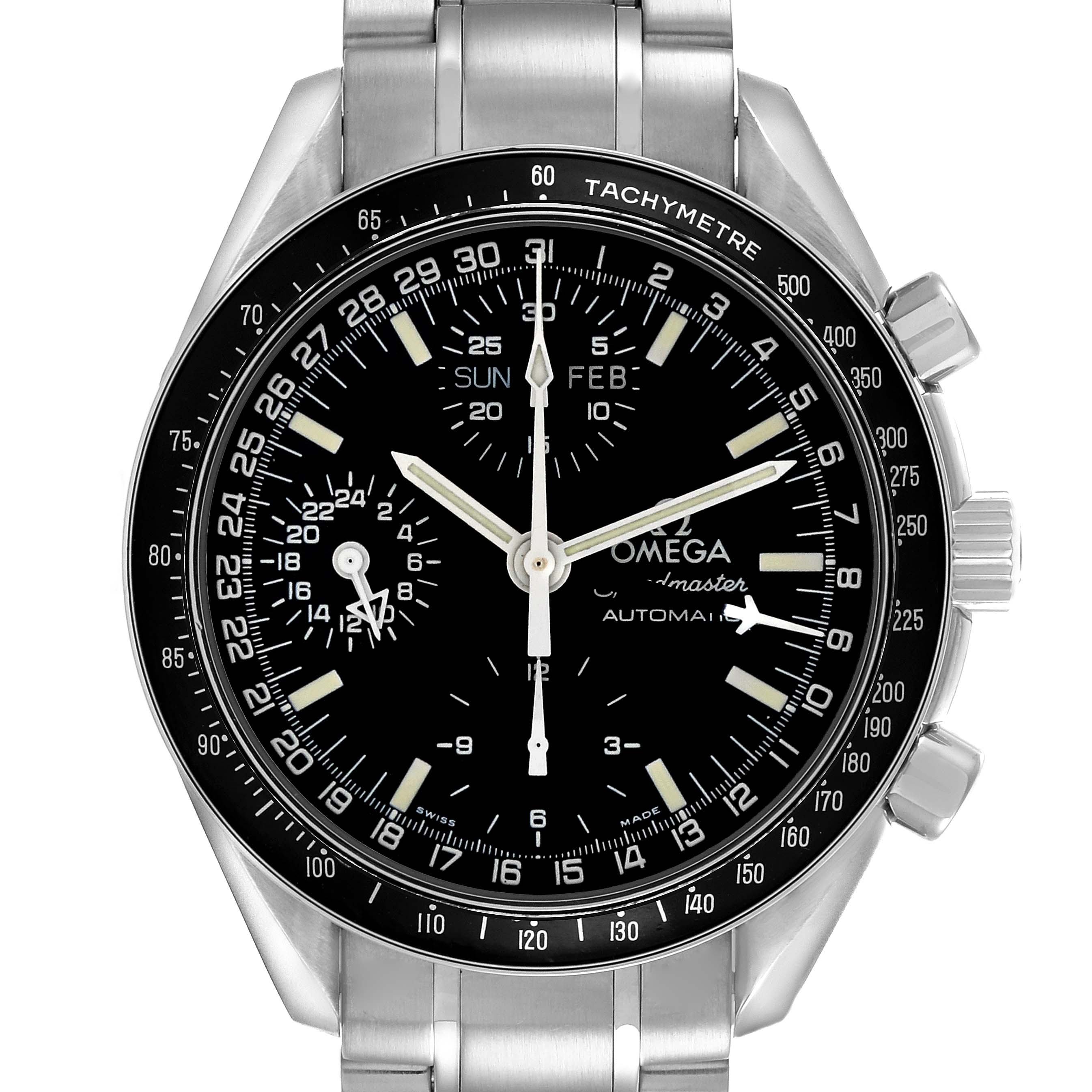 The Omega Speedmaster 3520.50.00 Men
s Stainless Steel Black Dial 3520.50.00 Men
s Stainless Steel Black Dial watch is shown from a front angle, highlighting its dial, bezel, and partial bracelet.