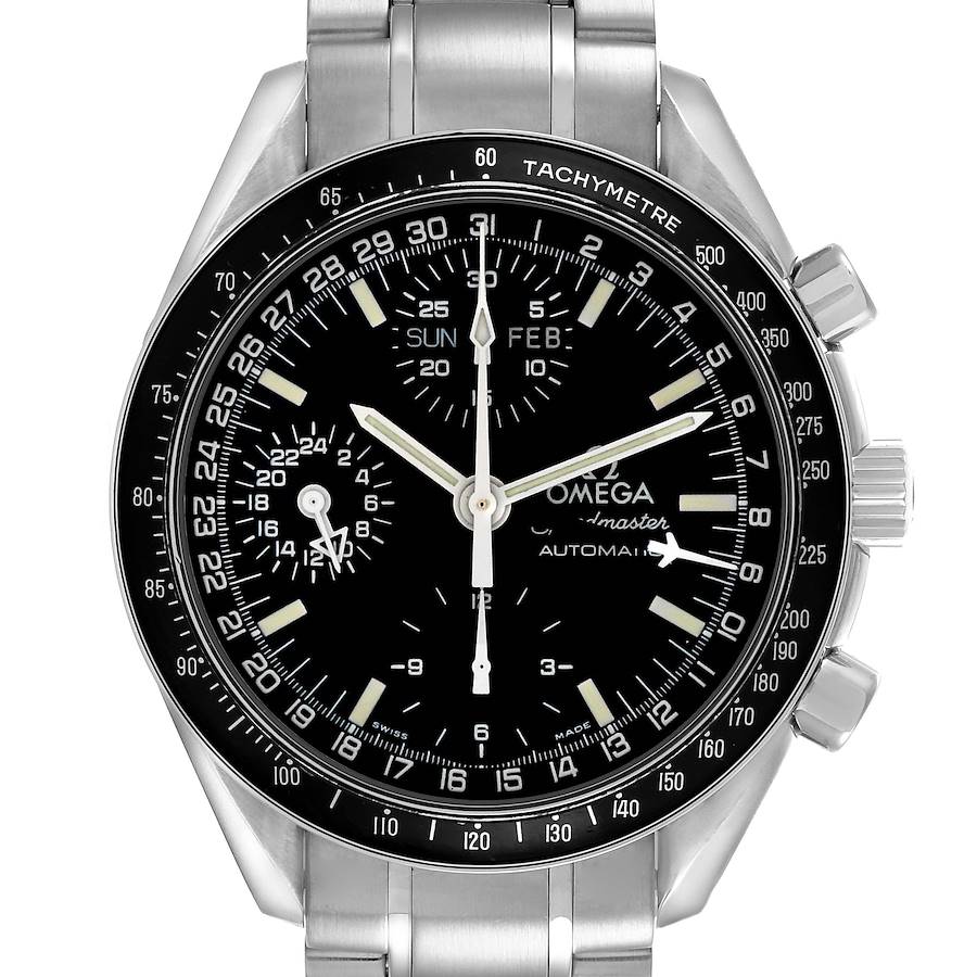 The Omega Speedmaster watch is shown from a front angle, highlighting its dial, bezel, and partial bracelet.