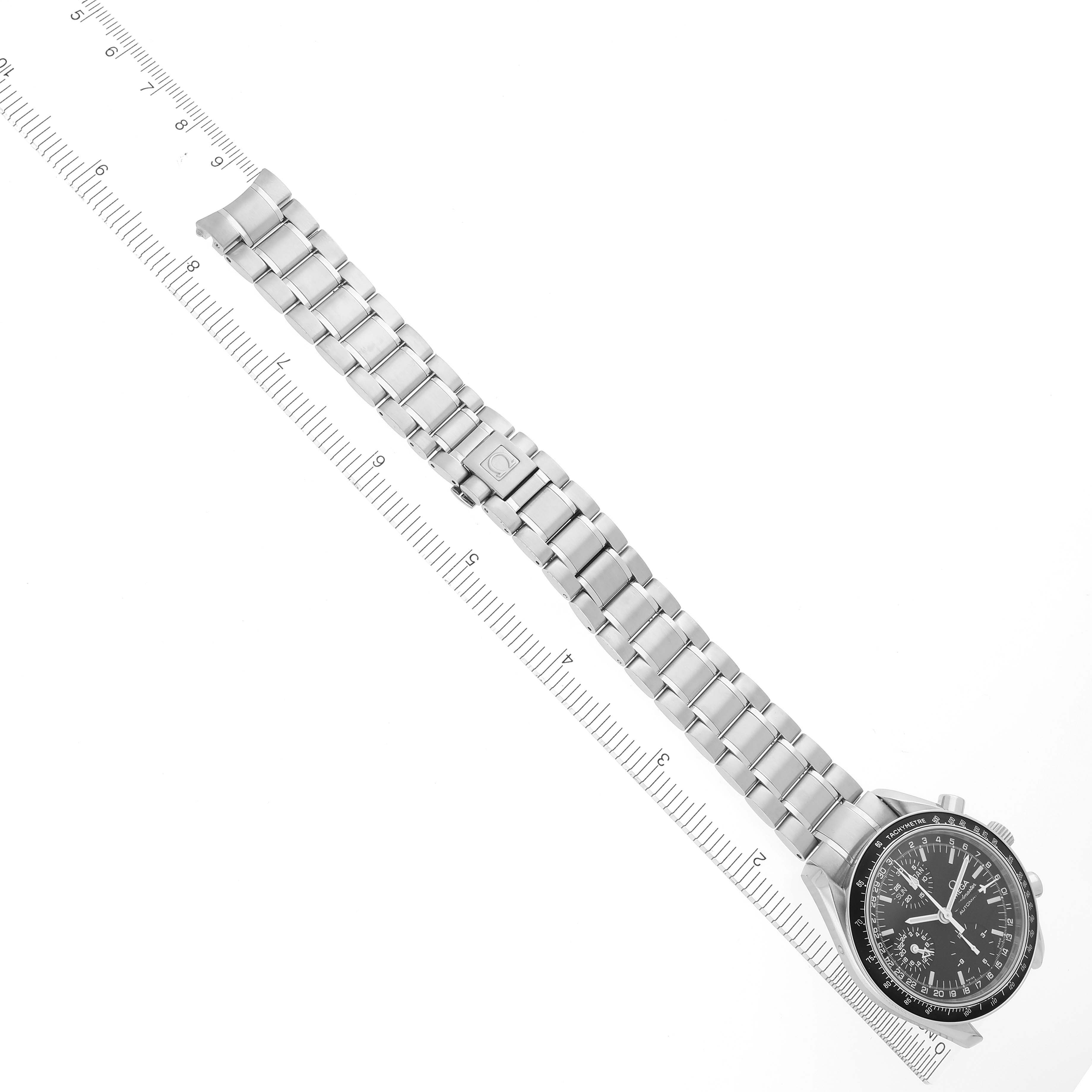 The Omega Speedmaster 3520.50.00 Men
s Stainless Steel Black Dial 3520.50.00 Men
s Stainless Steel Black Dial watch is shown from a top-down angle, with the full bracelet and case visible.